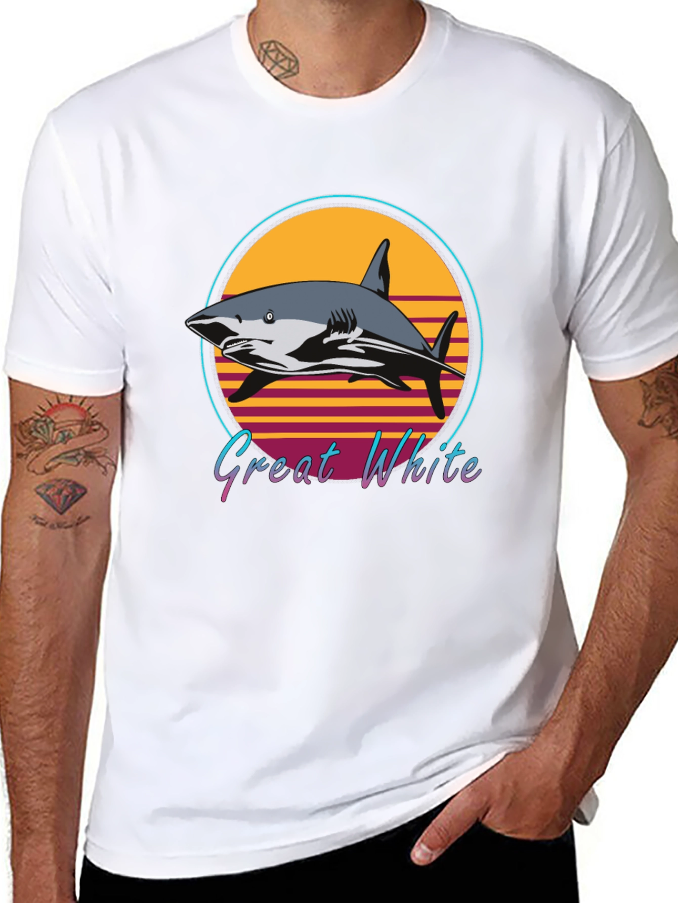 Black Great White Shark Retro Style T-Shirt view 8