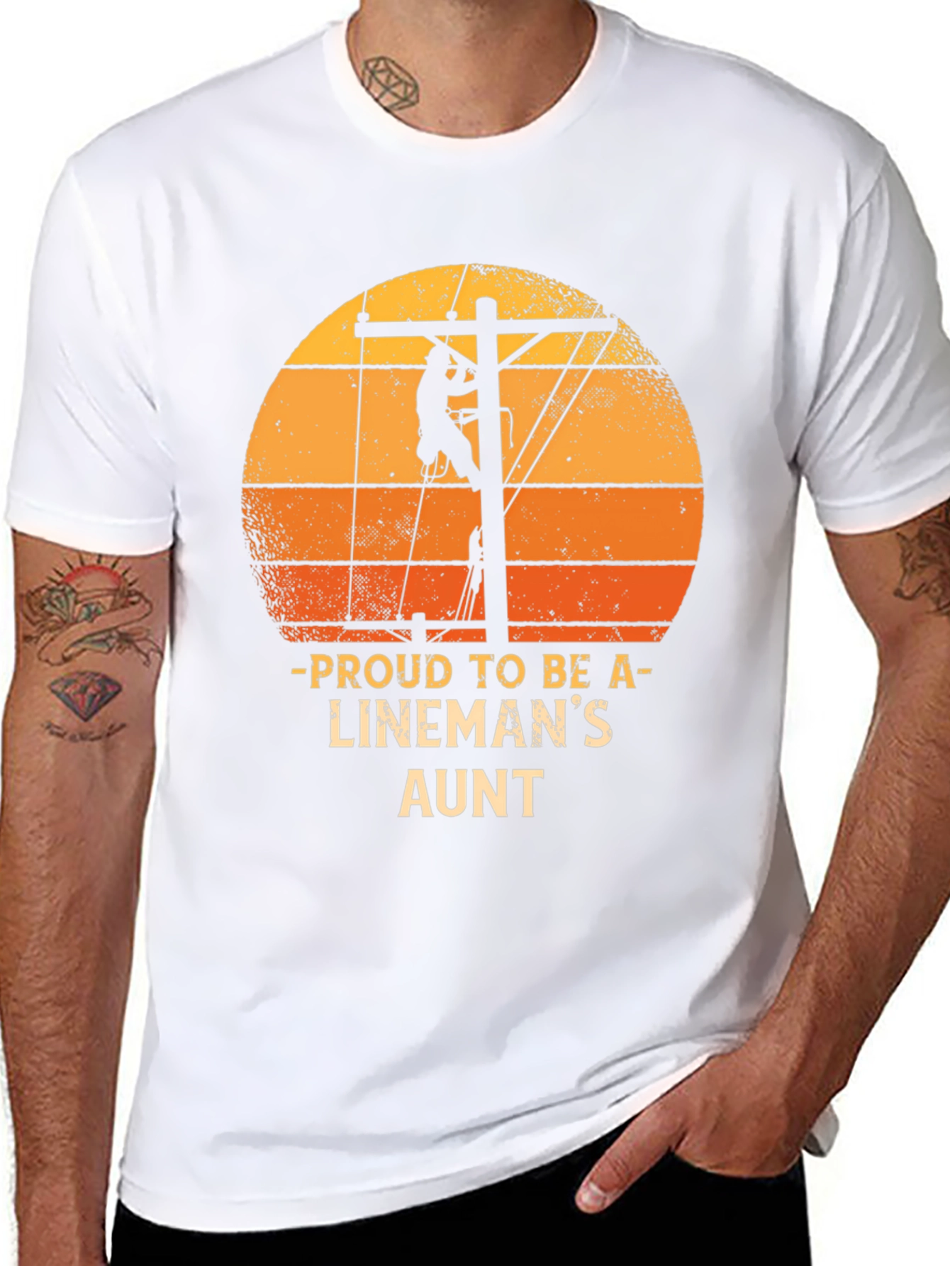 Black Proud Lineman's Aunt T-Shirt Retro Sunset Lineworker Tee view 8