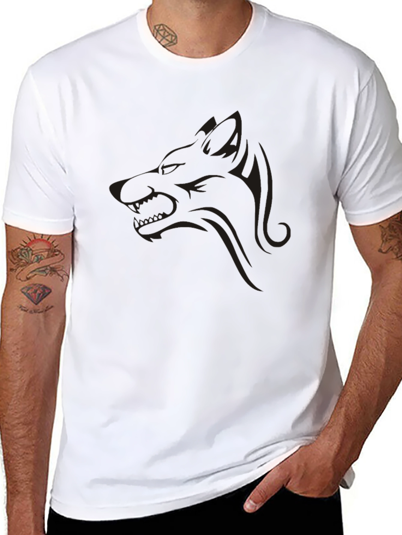 Black Men's Black Graphic Tee - Wolf Design view 8