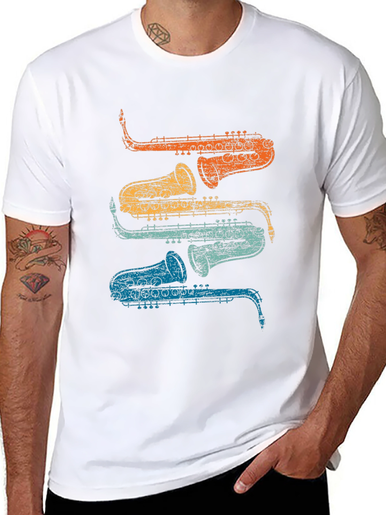 Black Retro Saxophone Stacked T-Shirt - Cool Musician Tee view 8