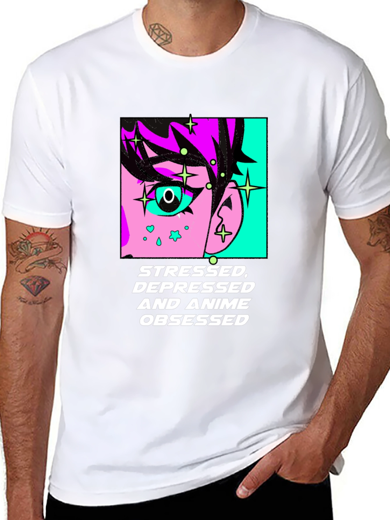 Black Stressed Depressed Anime Obsessed Black T-Shirt view 8