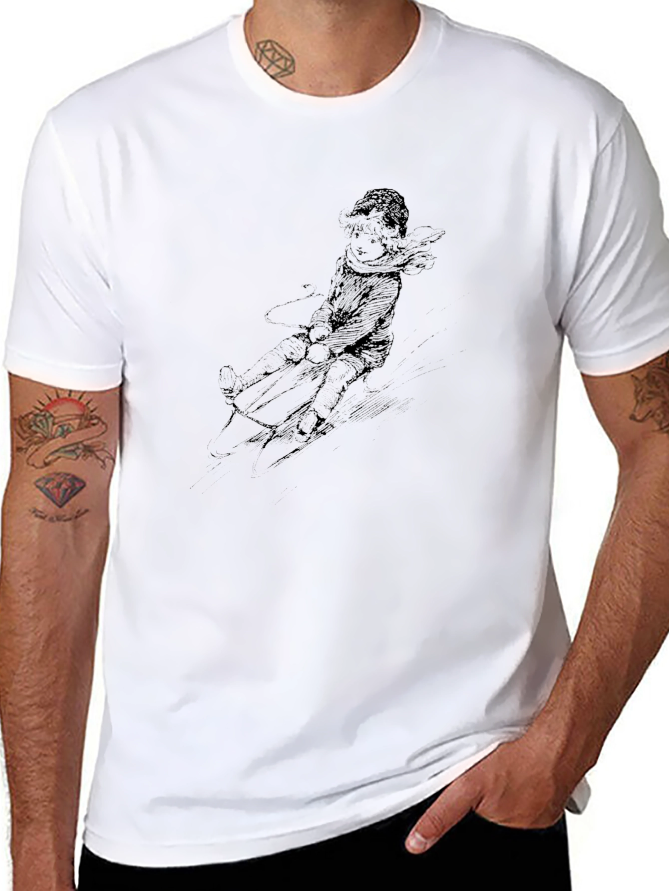 Black Black T-Shirt with Winter Sledding Print view 8