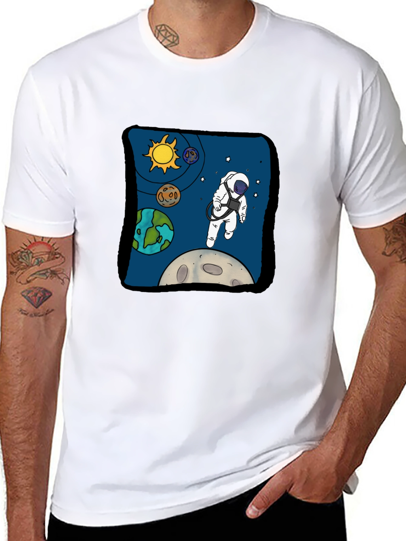 Black Astronaut in Space Graphic Tee - Cool Black T-Shirt view 8