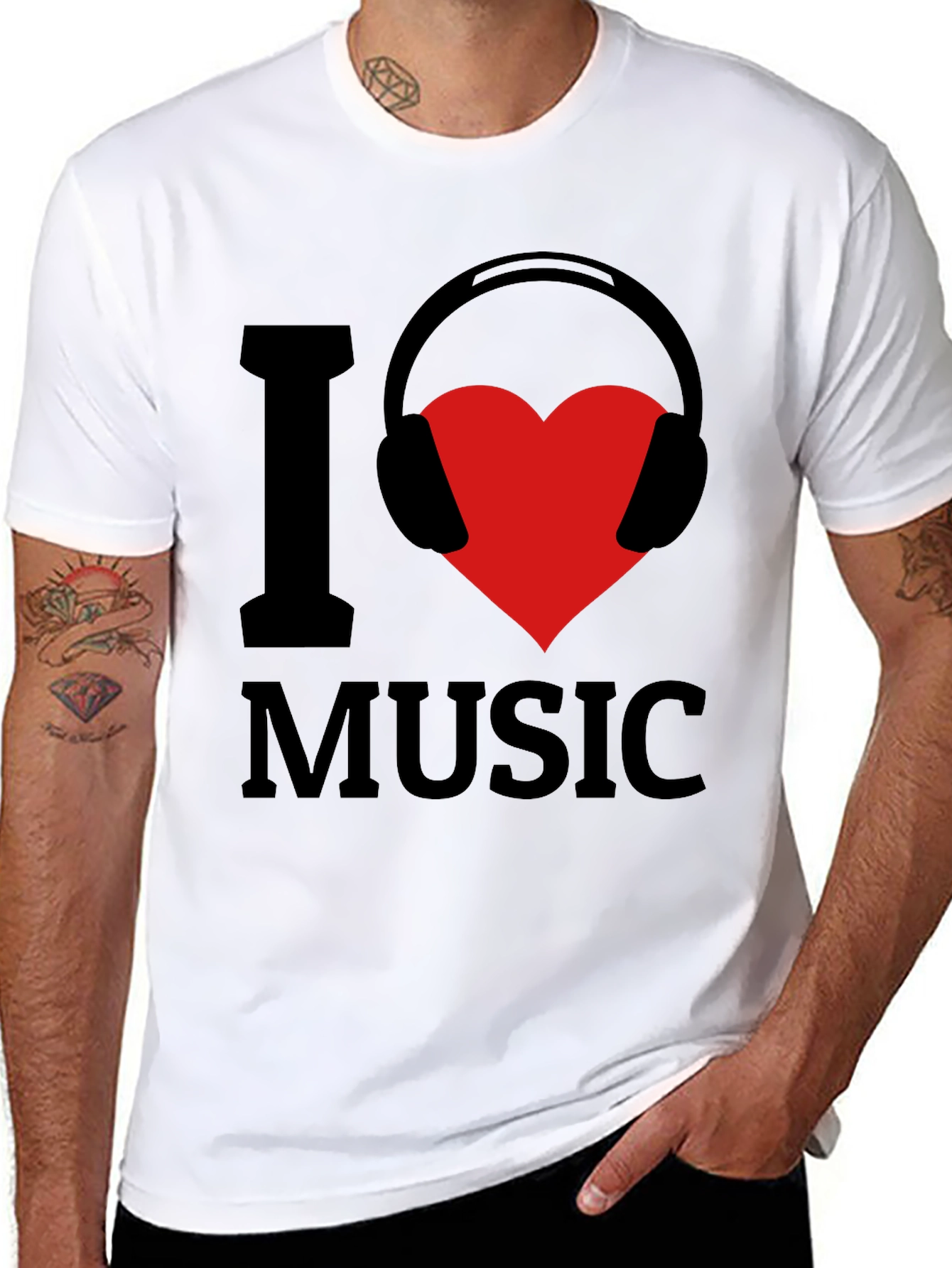 Black I Love Music T-Shirt - Heart Headphones Graphic Tee view 8