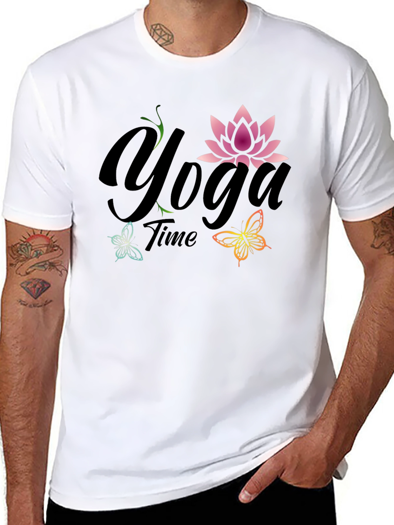 Black Yoga Time T-Shirt - Lotus Flower Butterfly Tee view 8