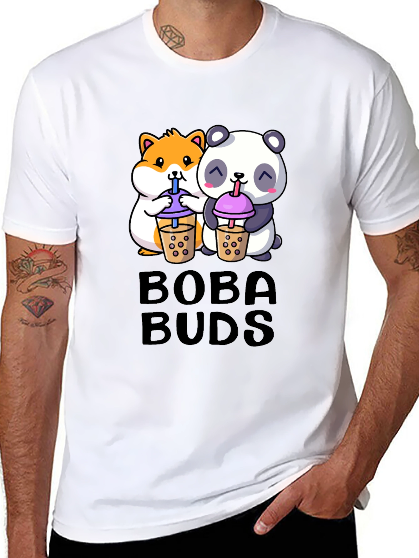 Black Boba Buds Graphic Tee - Cute Panda & Hamster Boba Design view 8