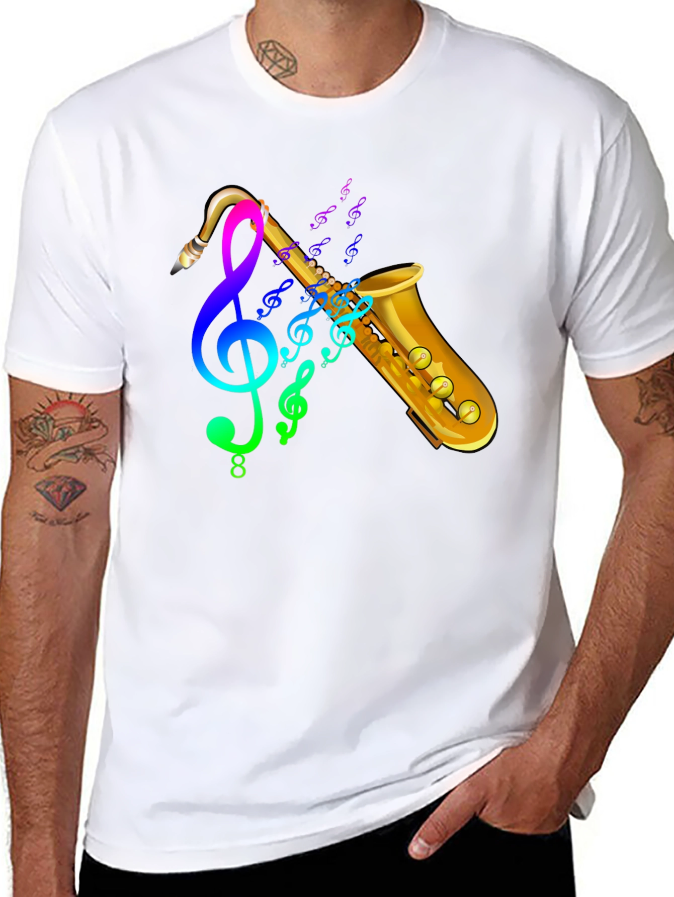 Black Saxophone & Music Notes Graphic Black T-Shirt view 8