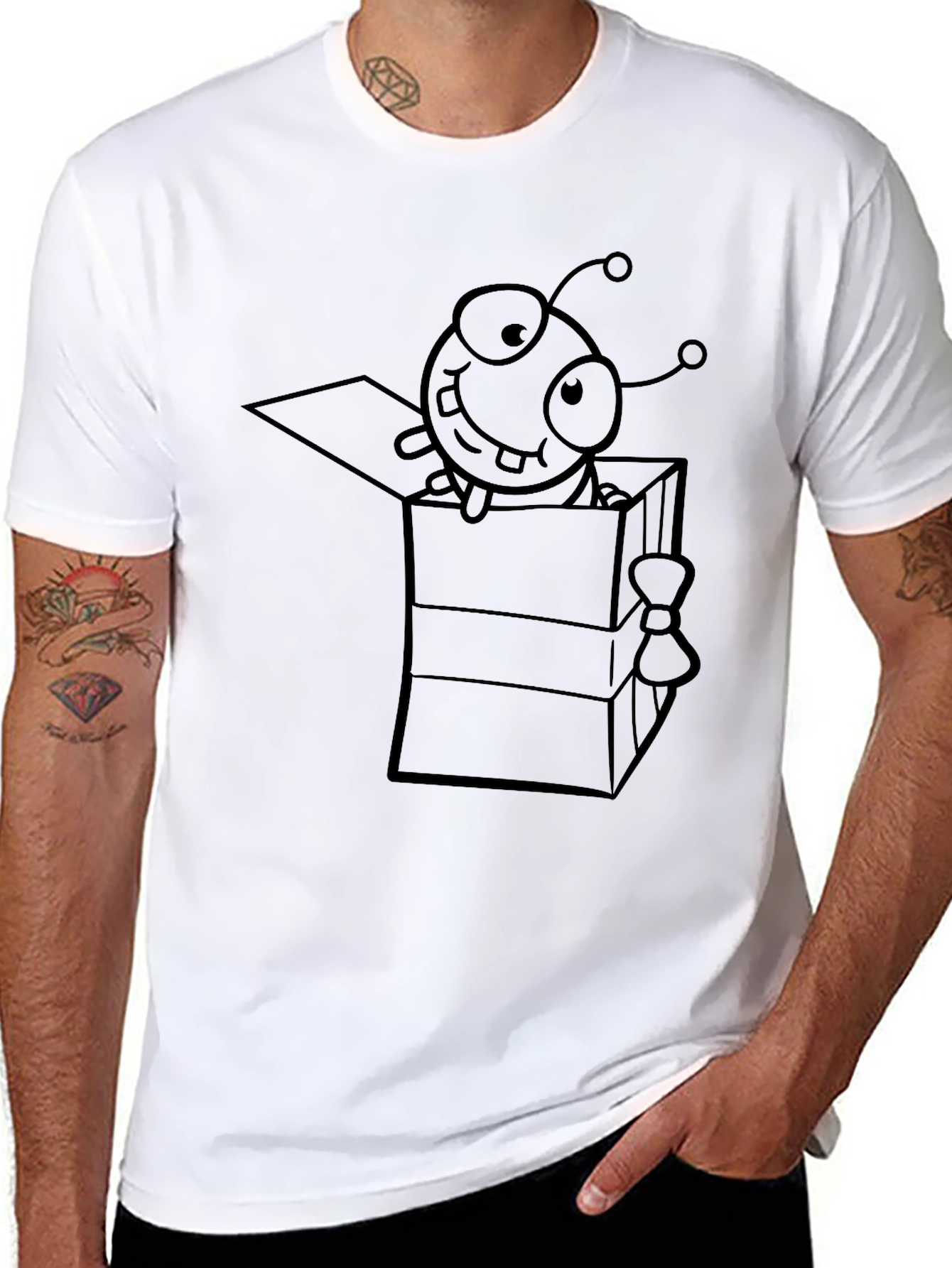 Black Cartoon Alien in a Box Graphic Tee - Black Cotton Casual T-Shirt view 8