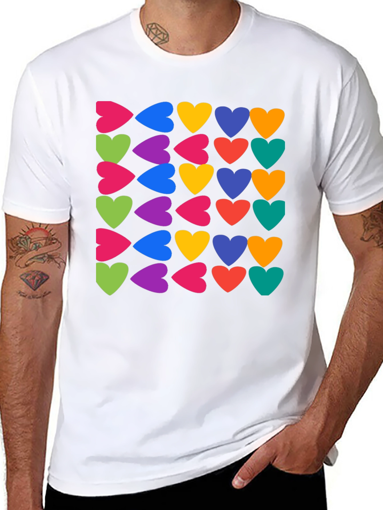 Black Colorful Hearts Pattern Black T-Shirt view 8
