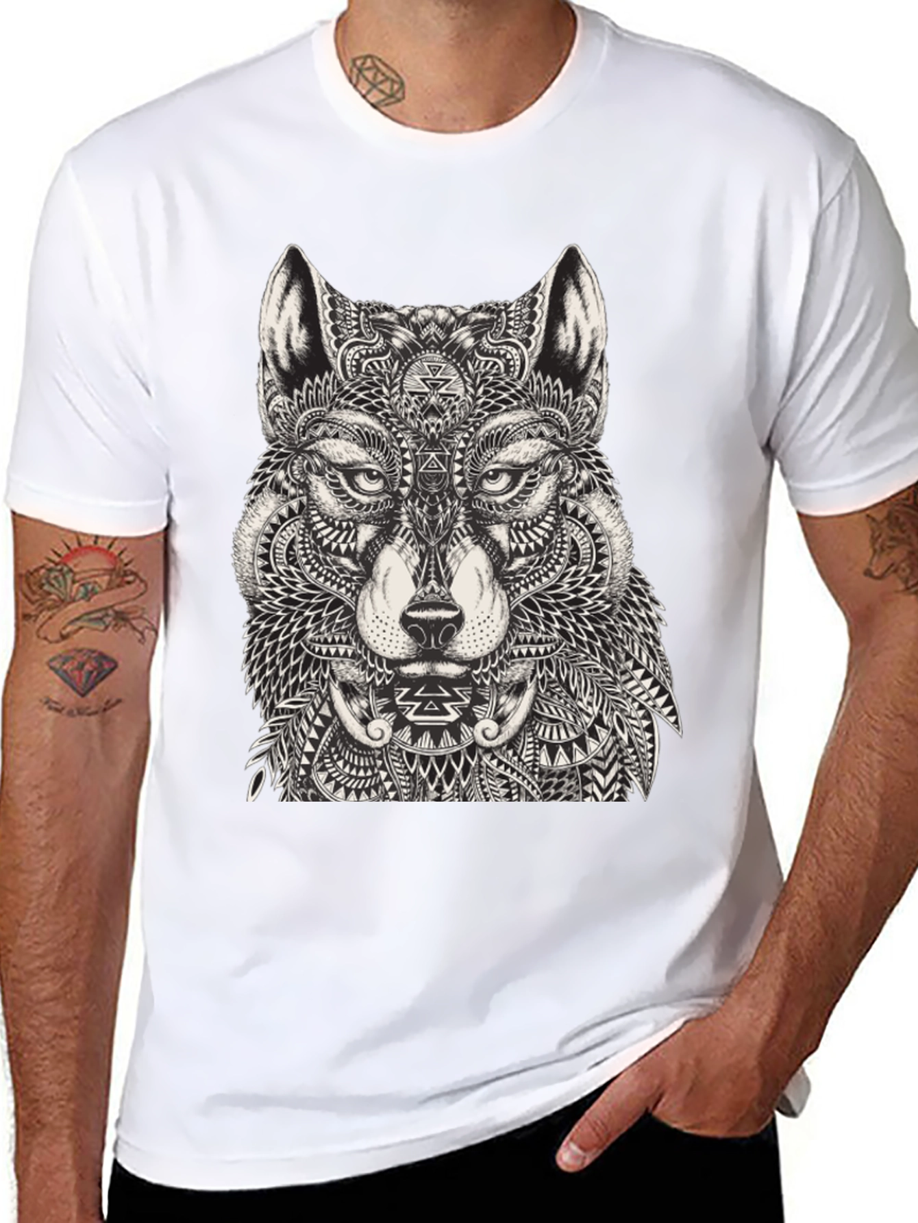 Black Wolf Graphic Print Black T-Shirt for Men view 8
