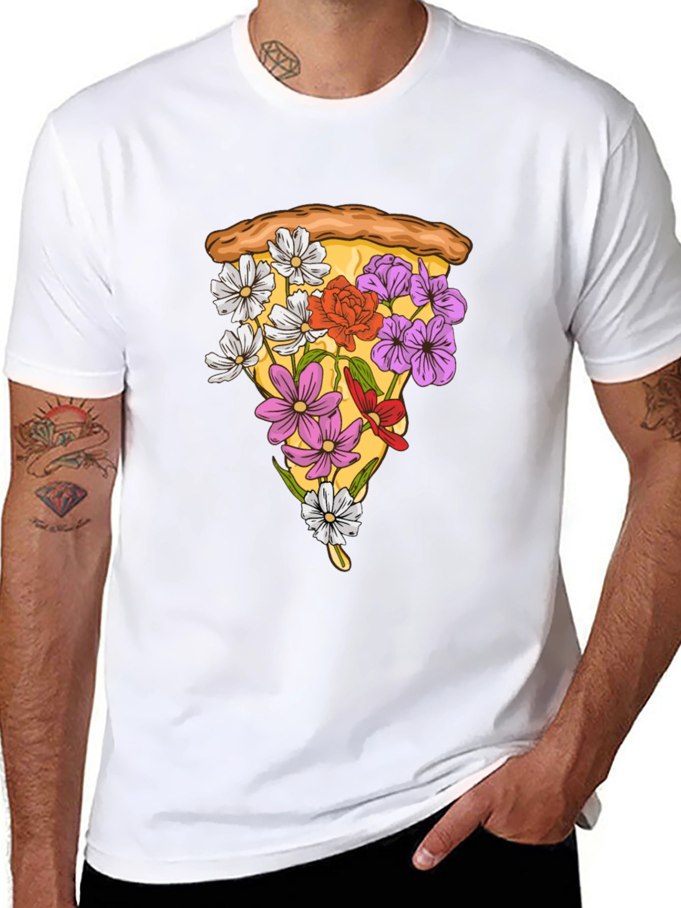 Black Floral Pizza Slice Graphic Tee - Unique Style view 8