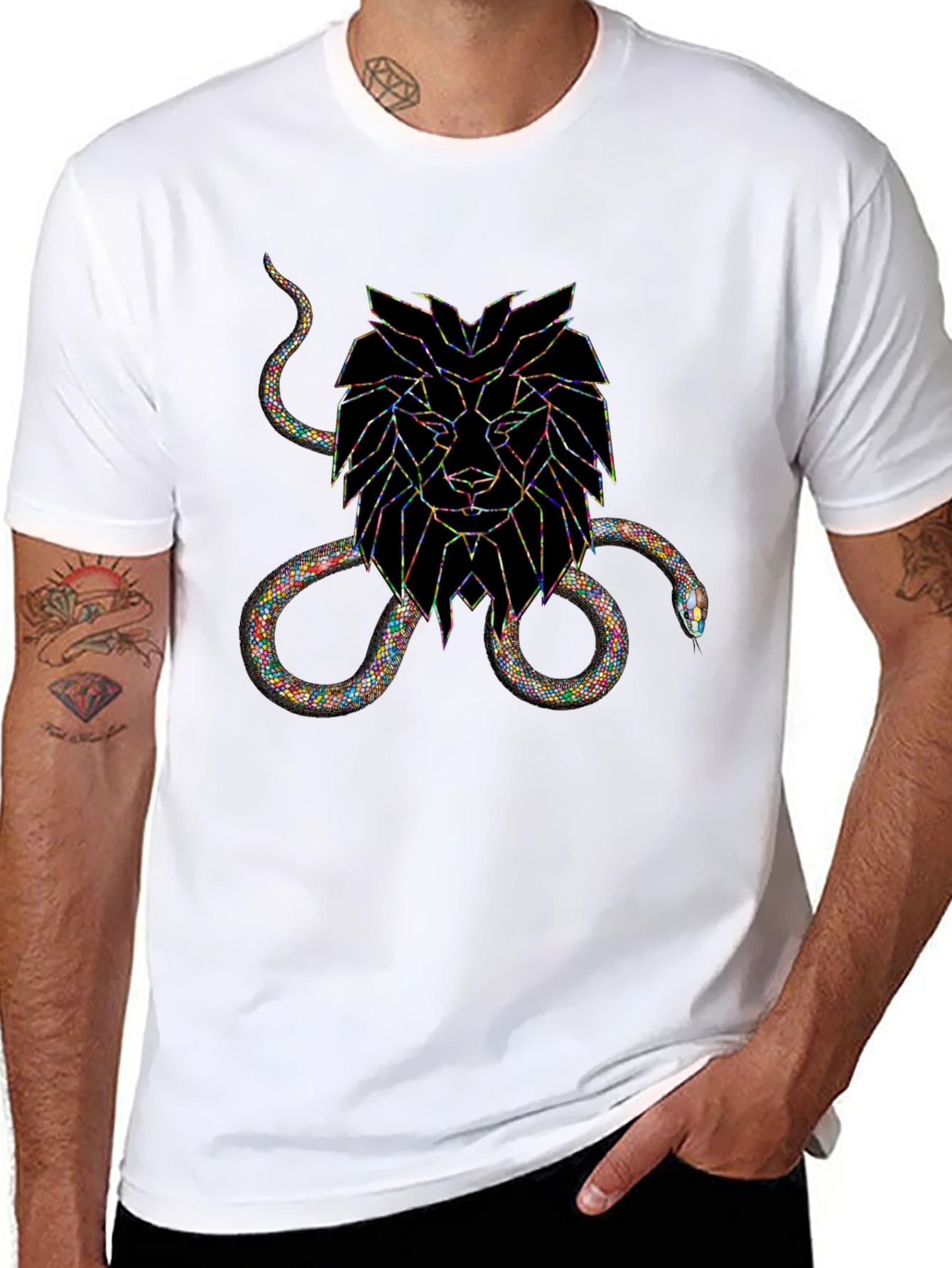 Black Geometric Lion & Snake Graphic Tee view 8