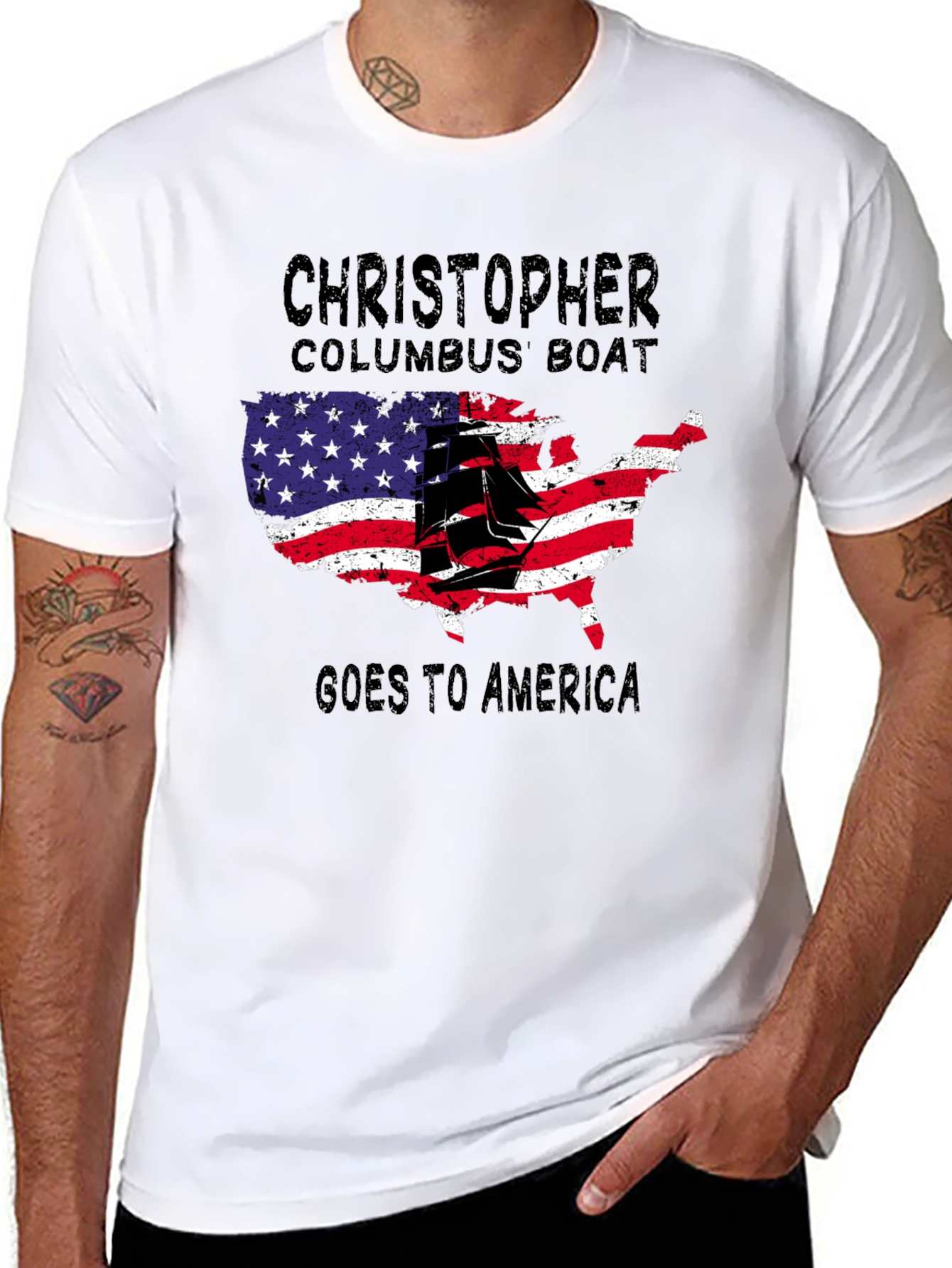 Black Christopher Columbus Boat USA Map T-Shirt view 8