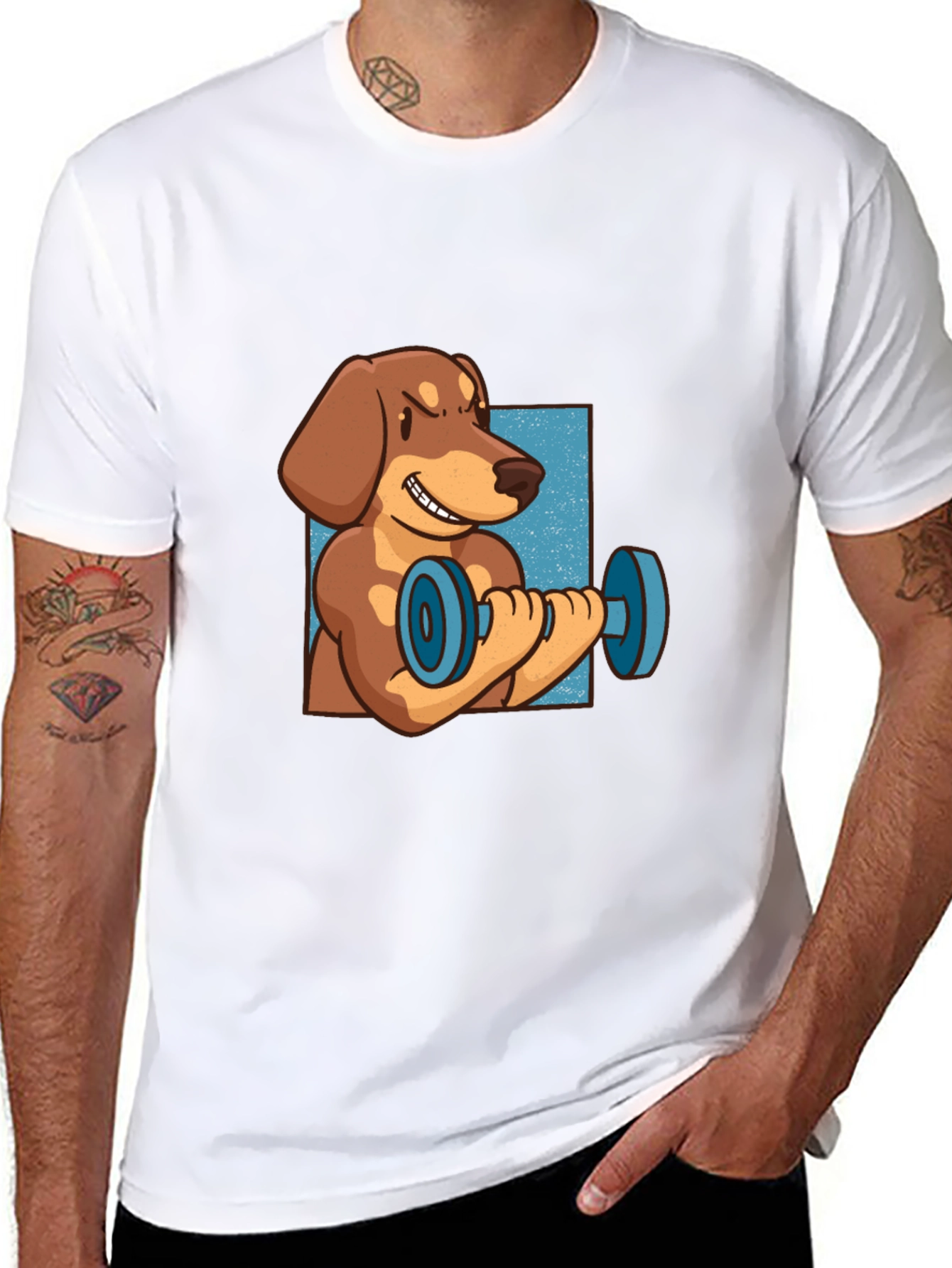 Black Funny Dachshund Lifting Dumbbell T-Shirt view 8