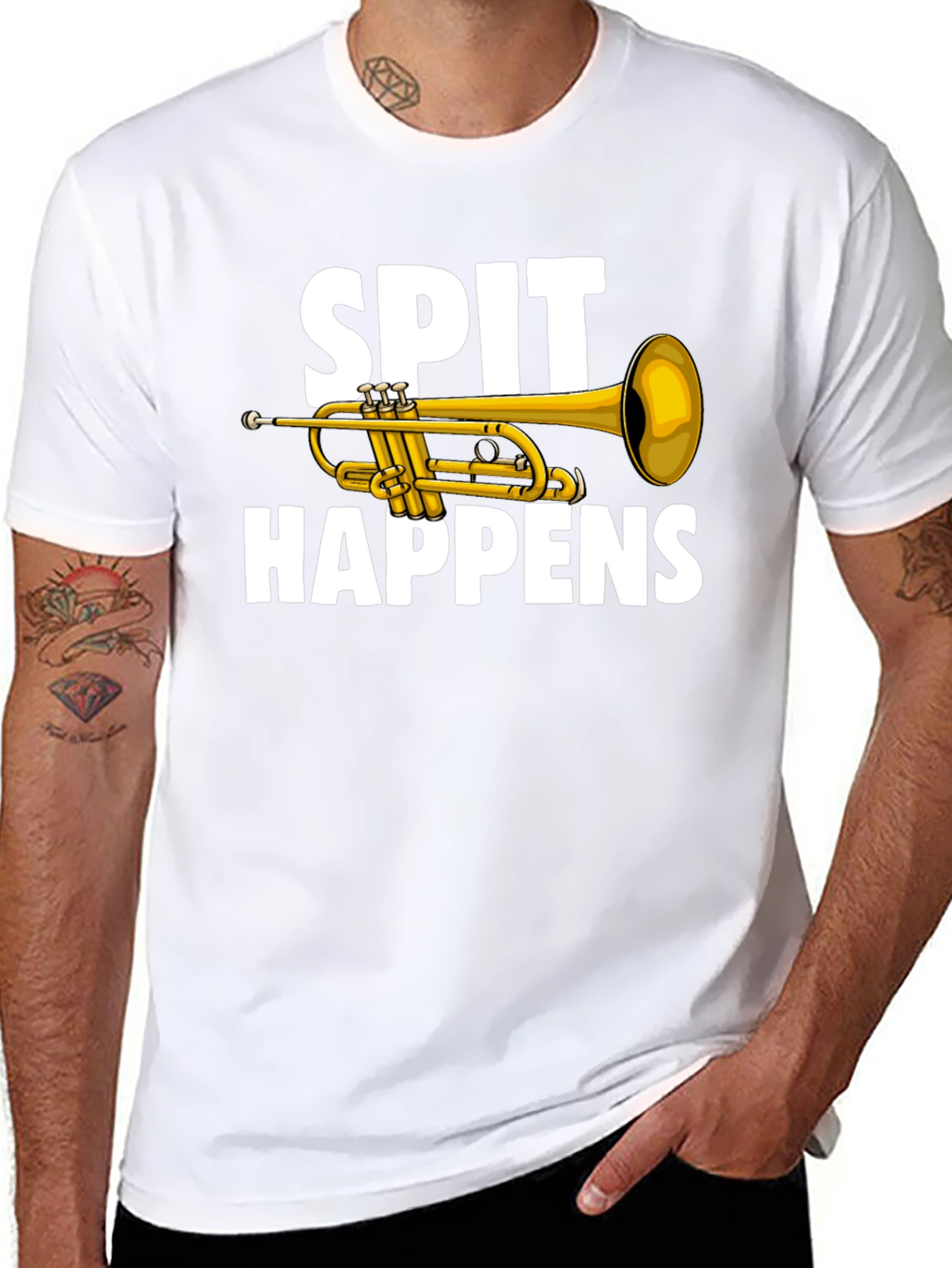 Black Spit Happens Trumpet T-Shirt - Musician Humor view 8