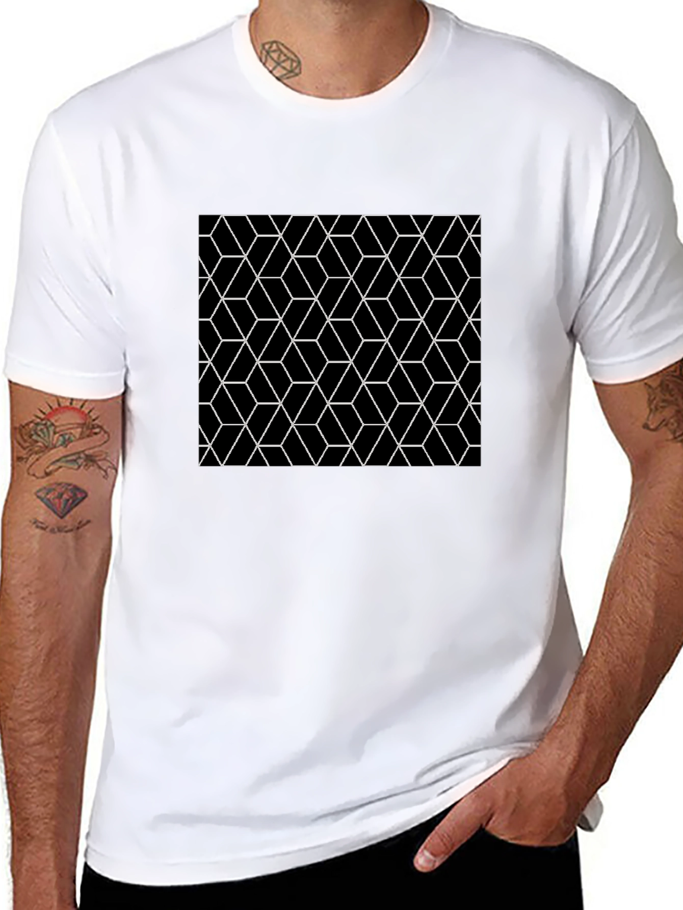 Black Geometric Cube Pattern Black T-Shirt view 8