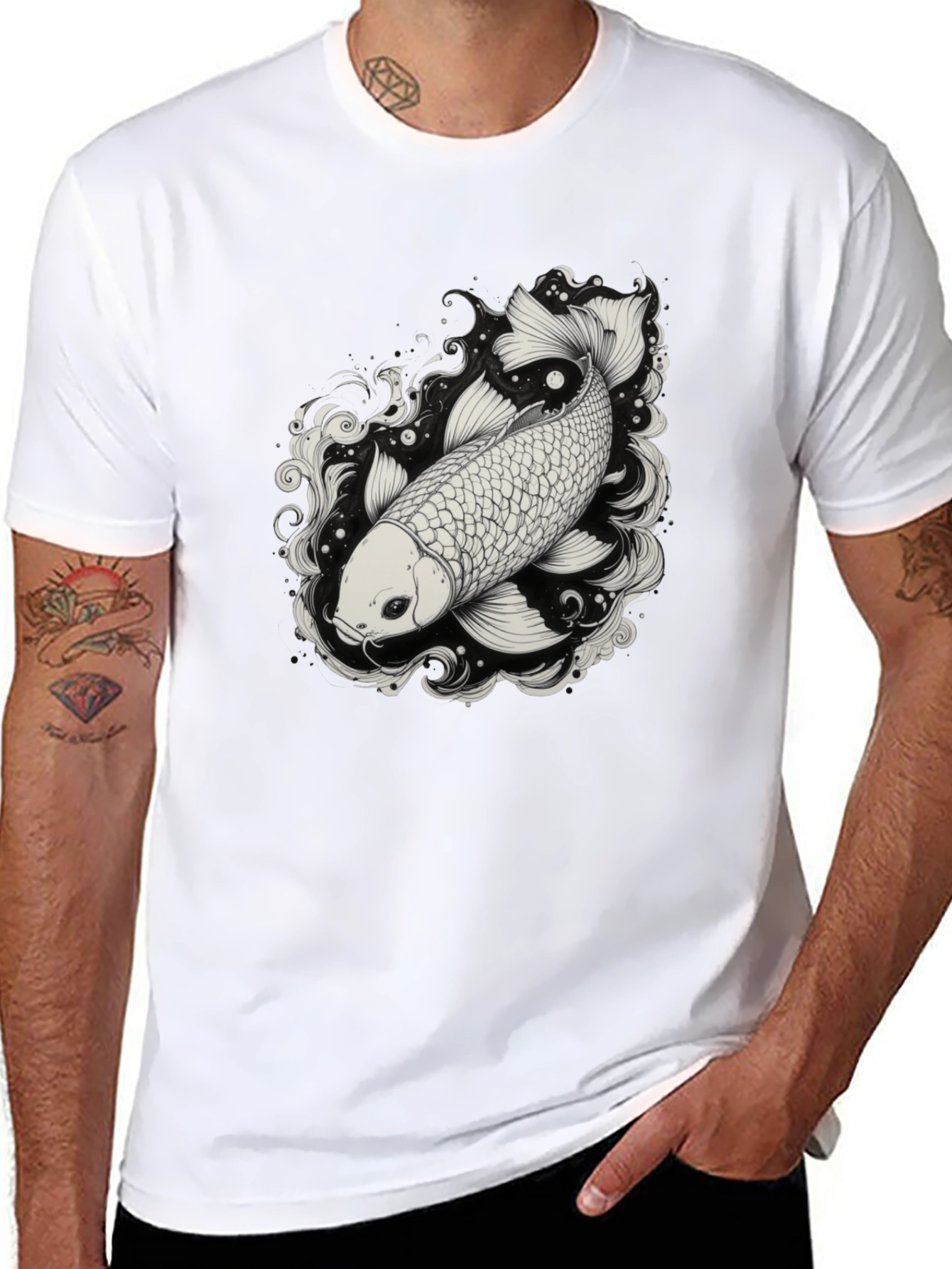 Black Koi Fish Graphic Tee - Black Cotton Blend Shirt view 8