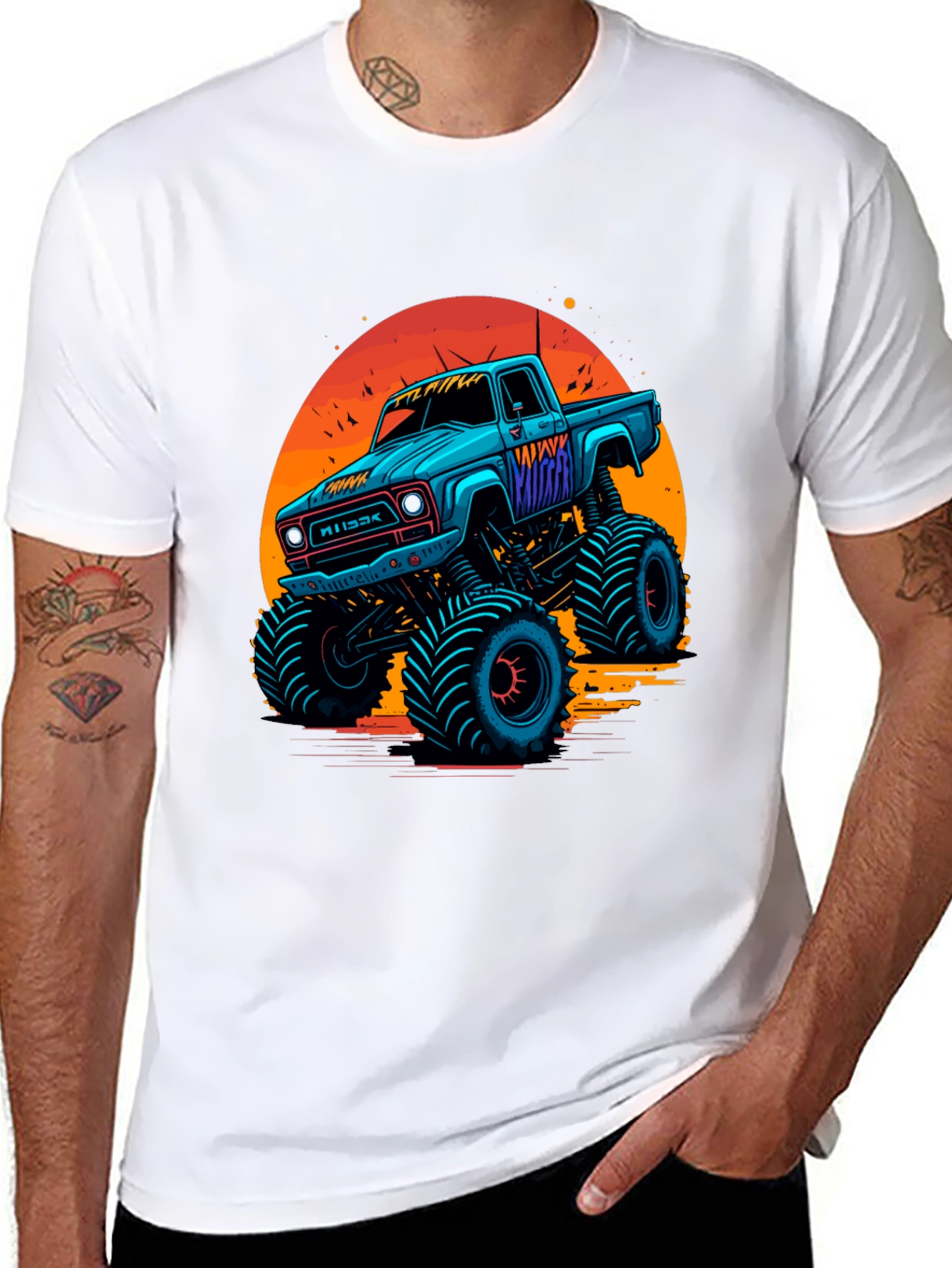 Black Monster Truck Graphic Tee - Retro Sunset Design view 8
