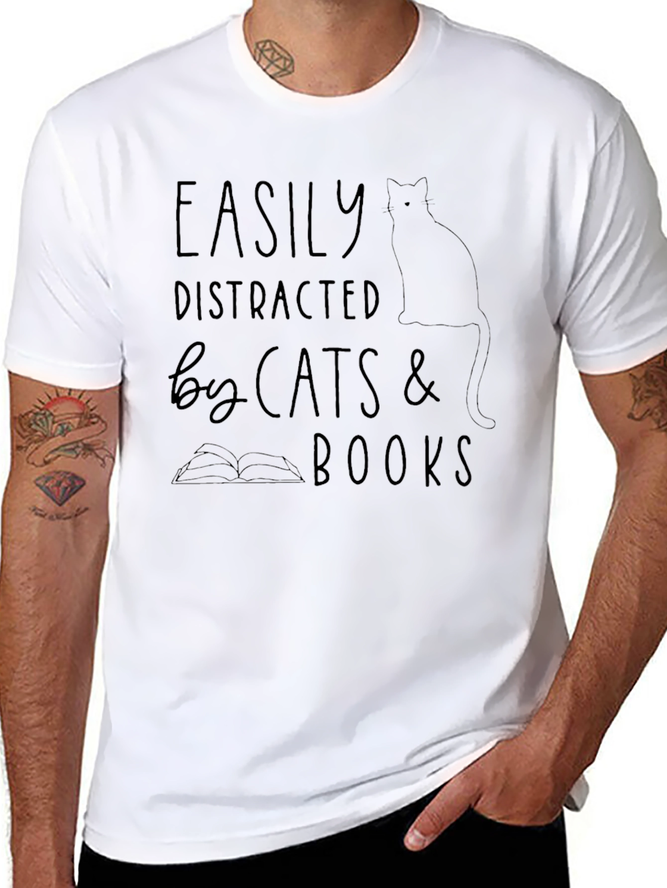 Black Easily Distracted by Cats & Books T-Shirt view 8