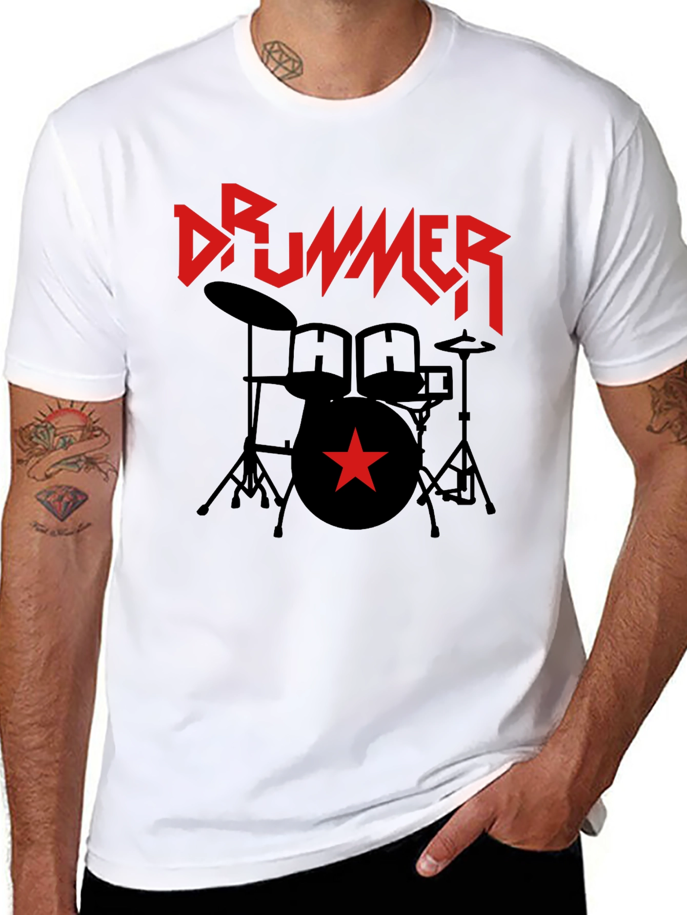Black Drummer T-Shirt - Black Graphic Tee with Red Star & Drum Set view 8