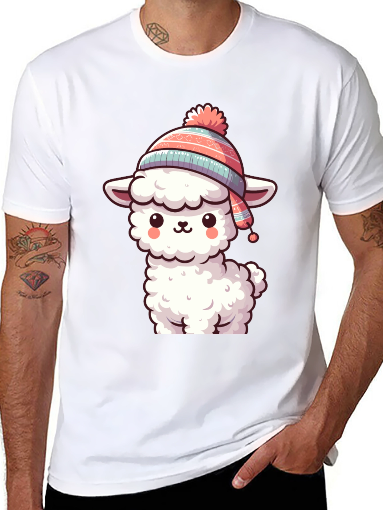 Black Cute Llama in Hat Graphic Tee view 8
