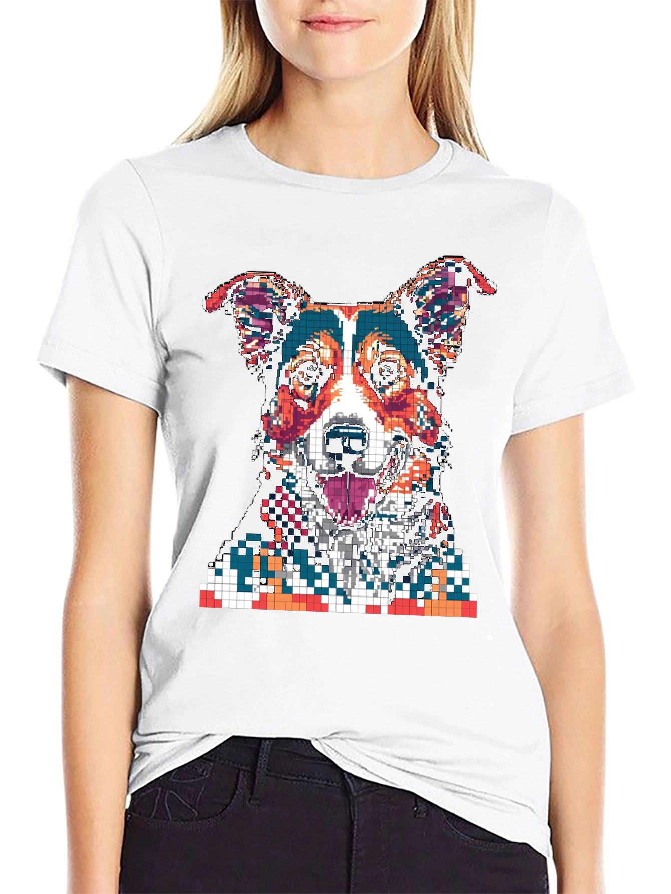Black Pixelated Dog Graphic Print Black T-Shirt view 9