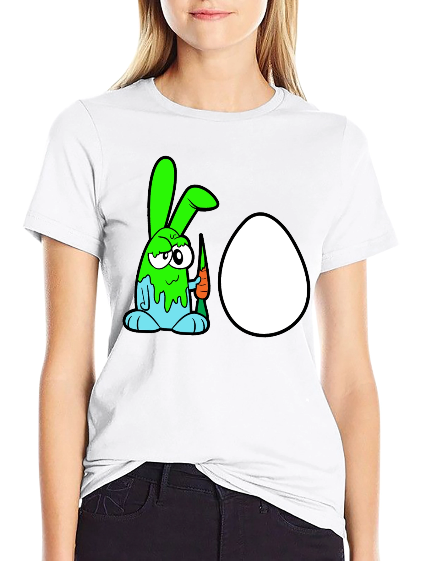 Black Funny Cartoon Bunny & Egg Graphic Black T-Shirt view 9