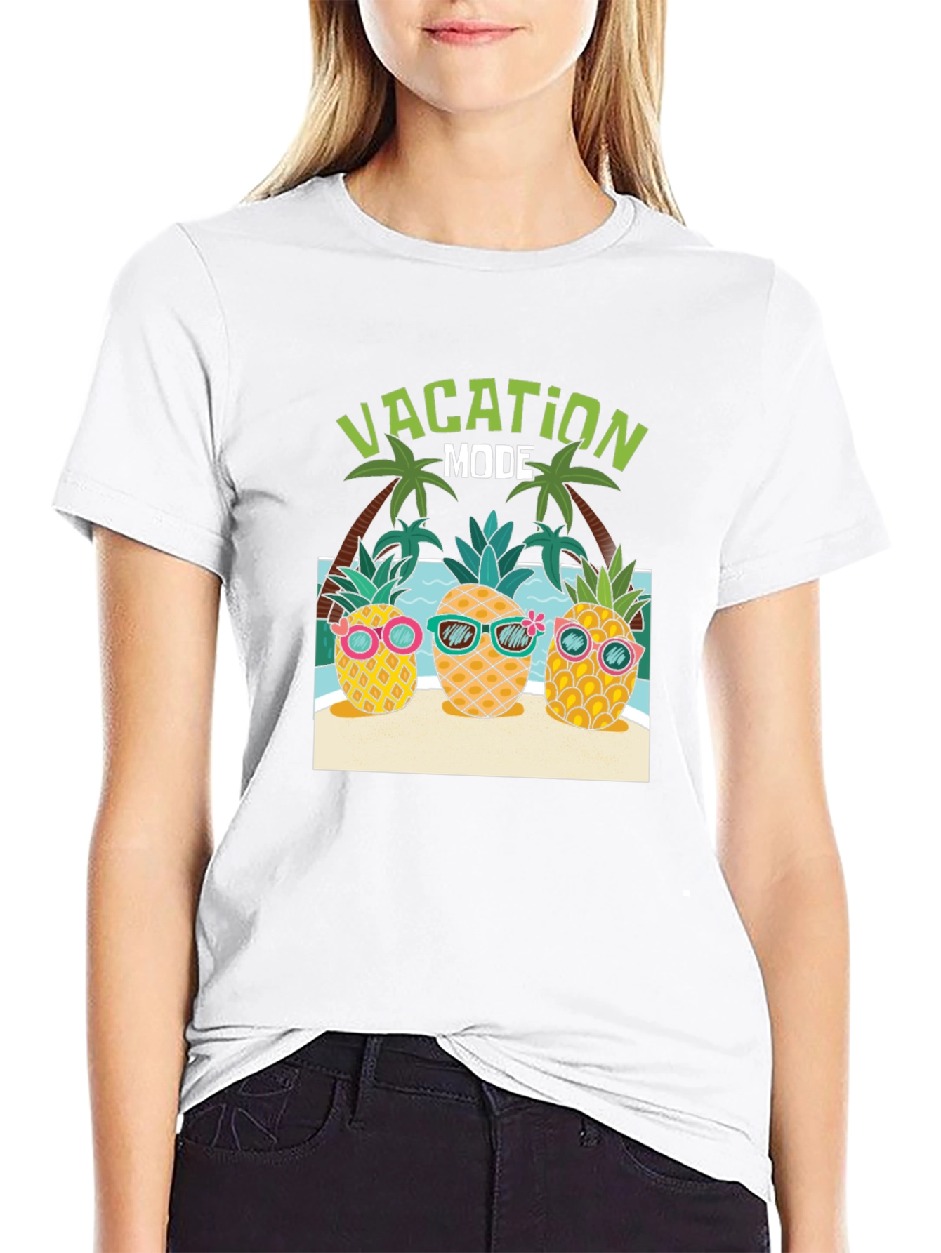 Black Vacation Mode Pineapple Graphic Tee view 9