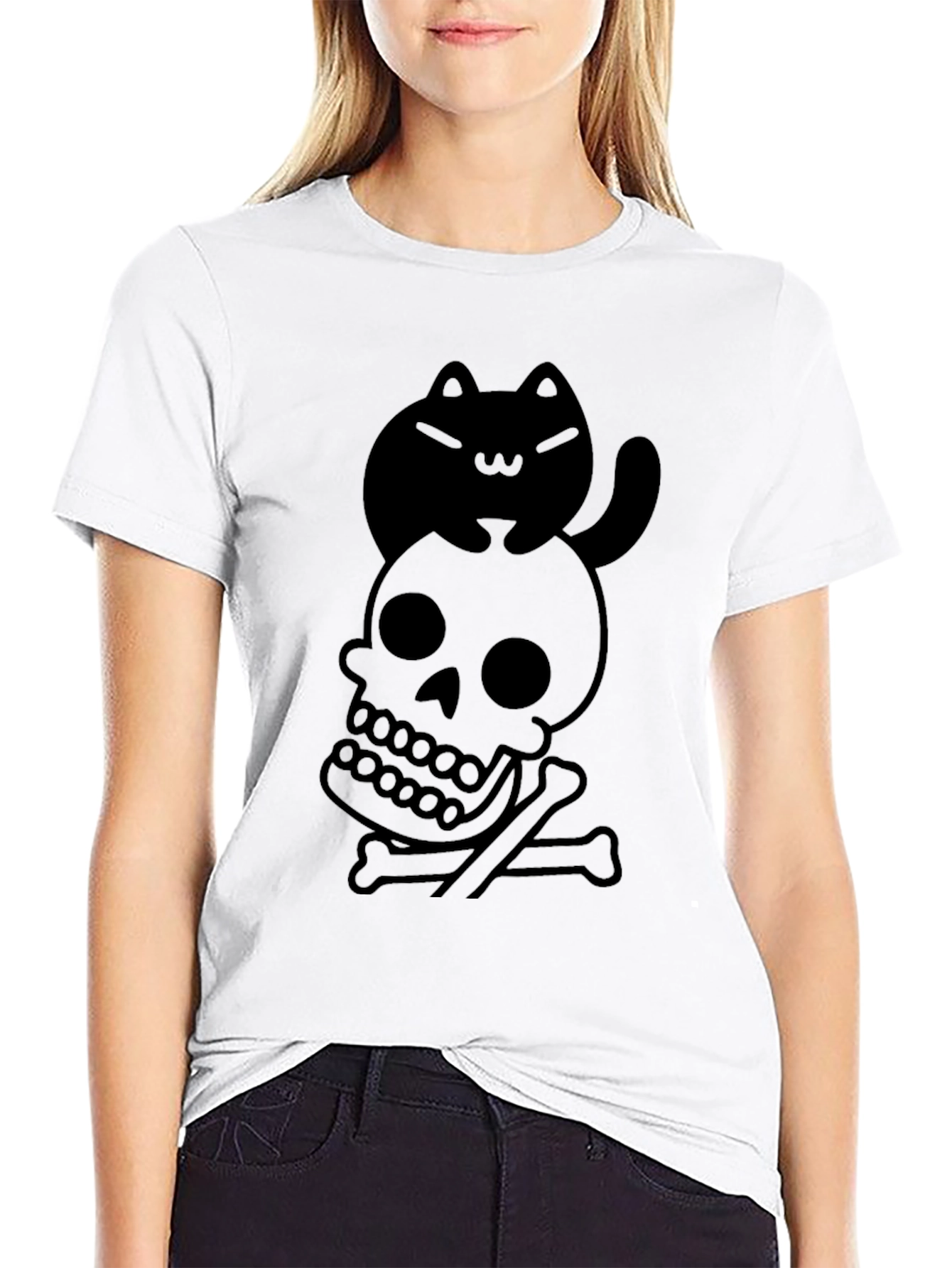 Black Skull and Cat Graphic Tee - Unisex Black T-Shirt view 9