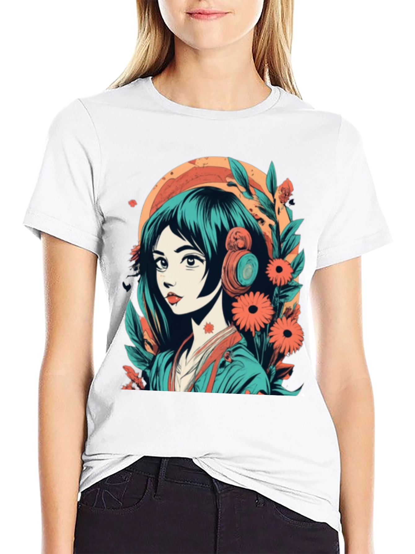 Black Anime Girl Graphic Tee - Floral & Headphones Design view 9