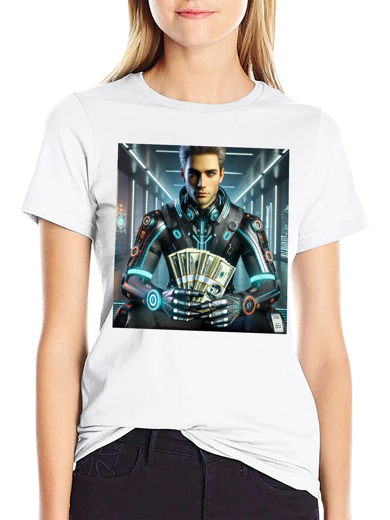 Black Cyberpunk Rich Guy T-Shirt - Futuristic Style view 9