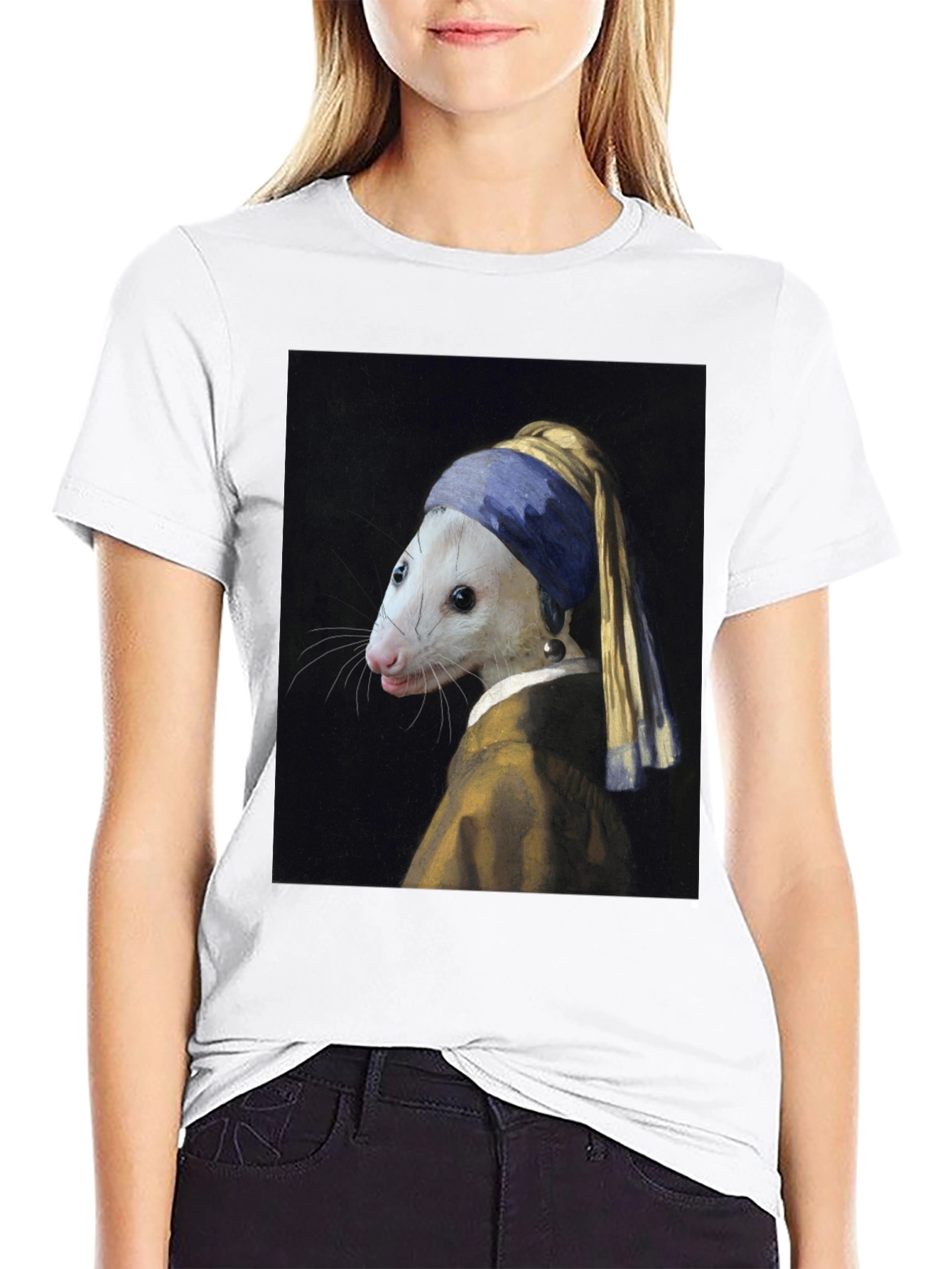 Black Opossum with Pearl Earring T-Shirt - Funny Art Tee view 9