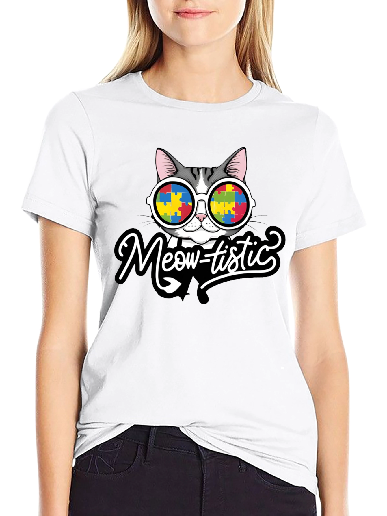 Black Meow-tistic Cat Autism Awareness T-Shirt view 9
