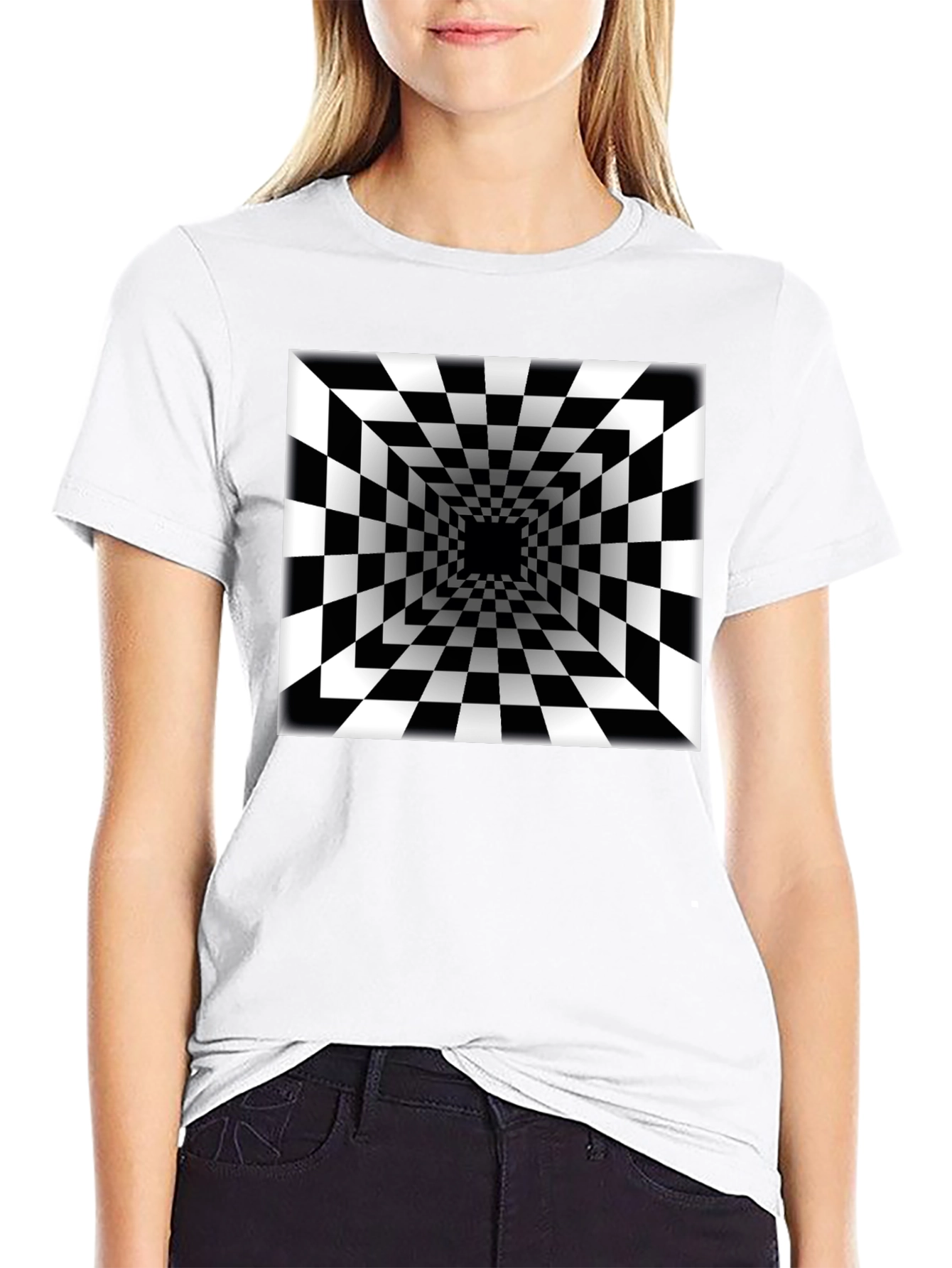 Black Optical Illusion Checkerboard Tunnel Black T-Shirt view 9