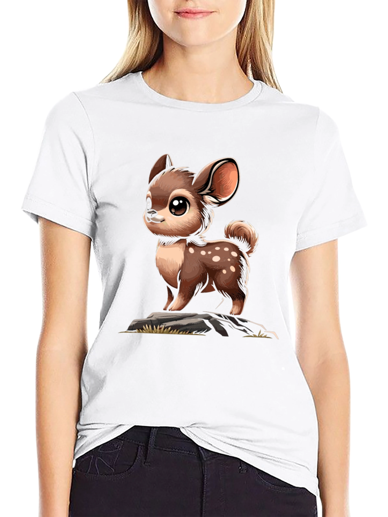 Black Cute Deer Cartoon Graphic Black T-Shirt view 9