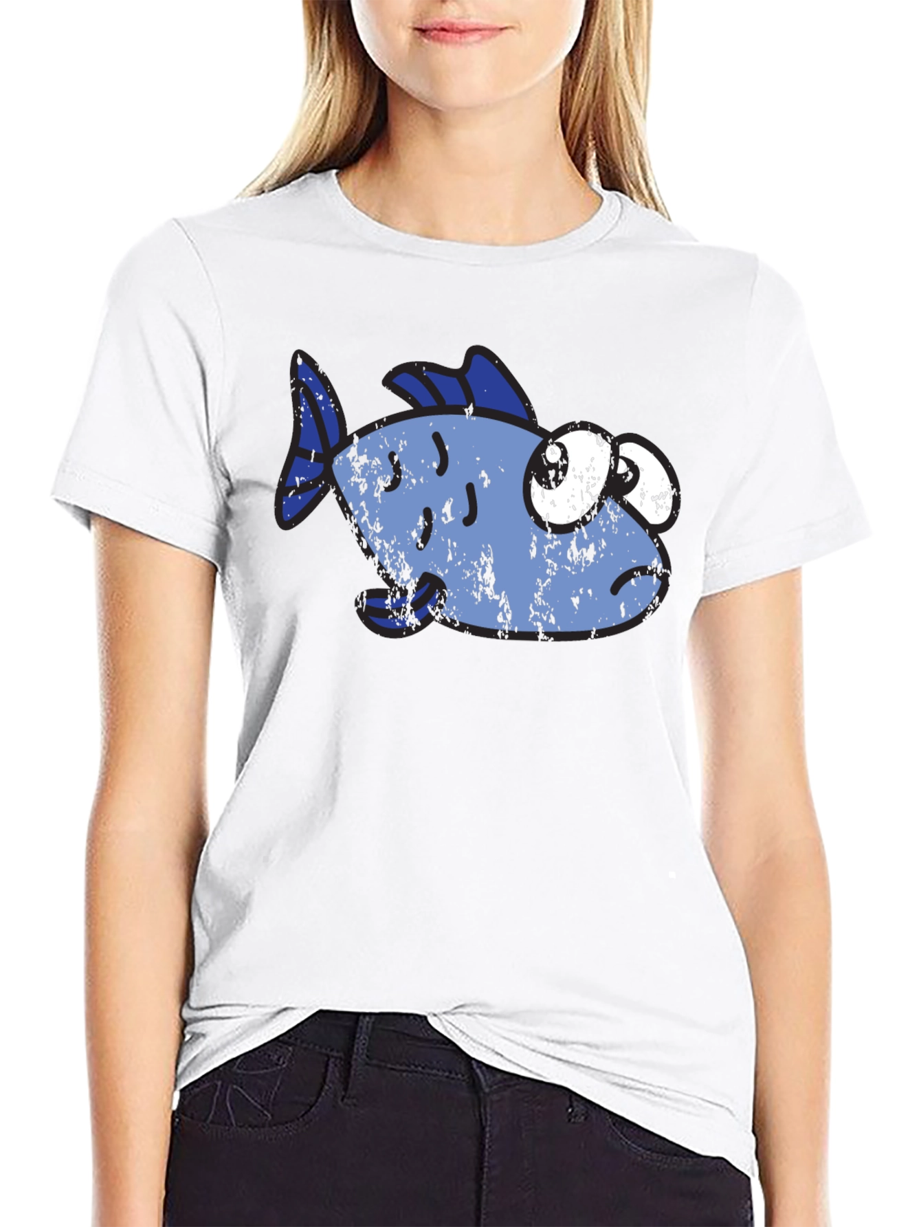 Black Funny Distressed Cartoon Fish Graphic T-Shirt view 9