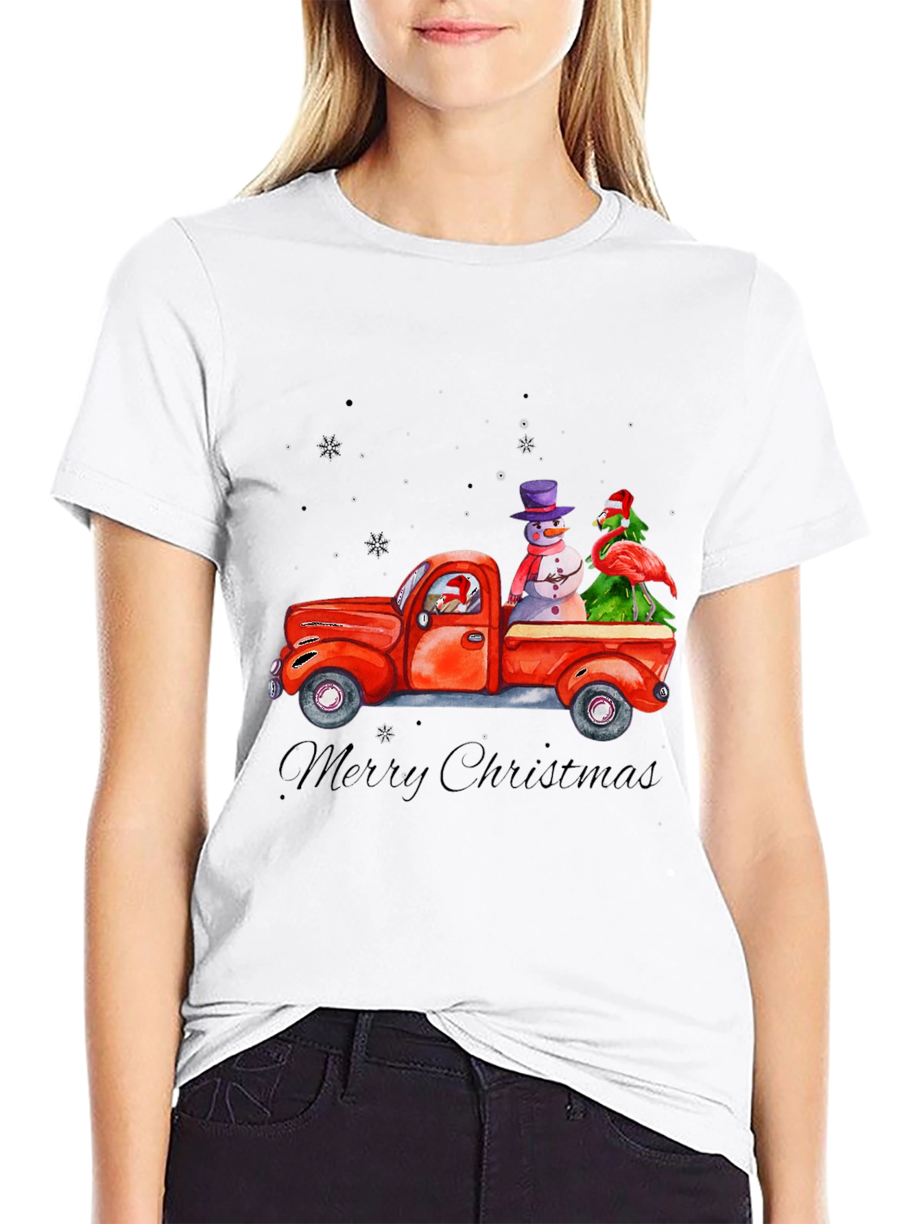 Black Christmas Truck T-Shirt with Snowman & Flamingo view 9