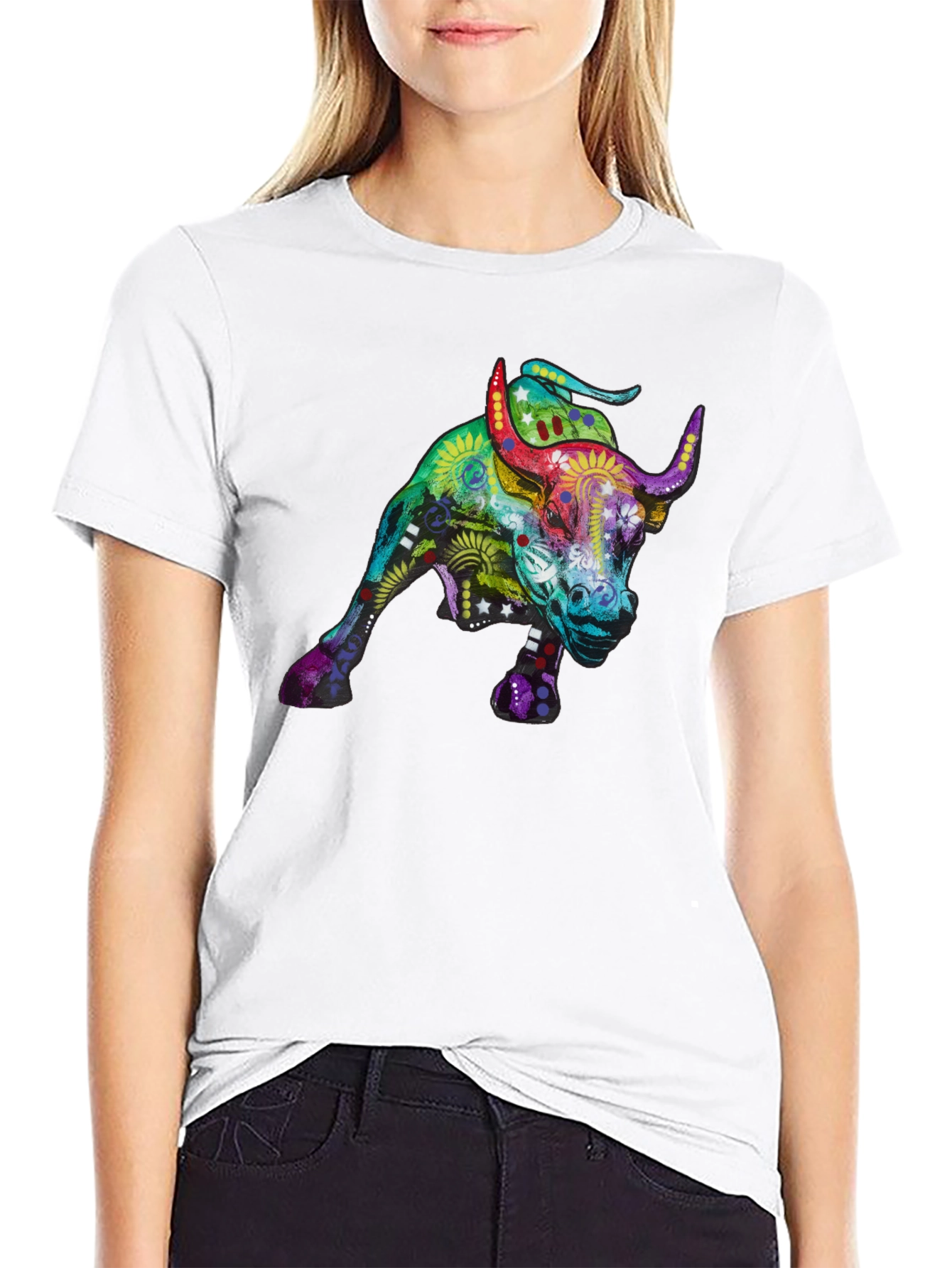 Black Colorful Bull Graphic Print Black T-Shirt view 9