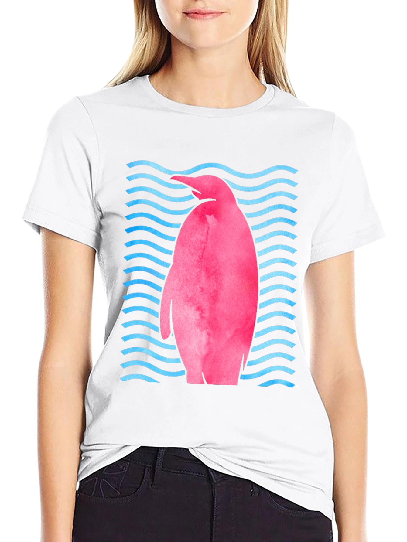 Black Pink Penguin Wave T-Shirt - Unique Graphic Tee view 9