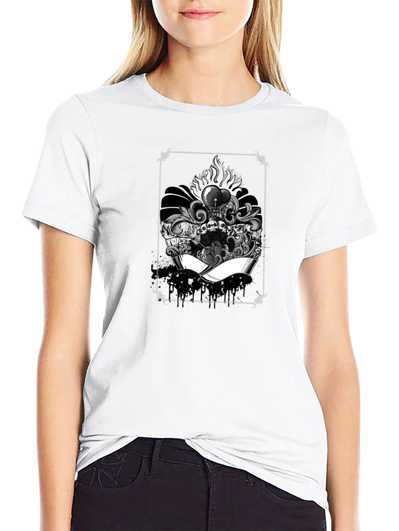Black Skull Heart Graphic Tee - Black Cotton T-Shirt view 9