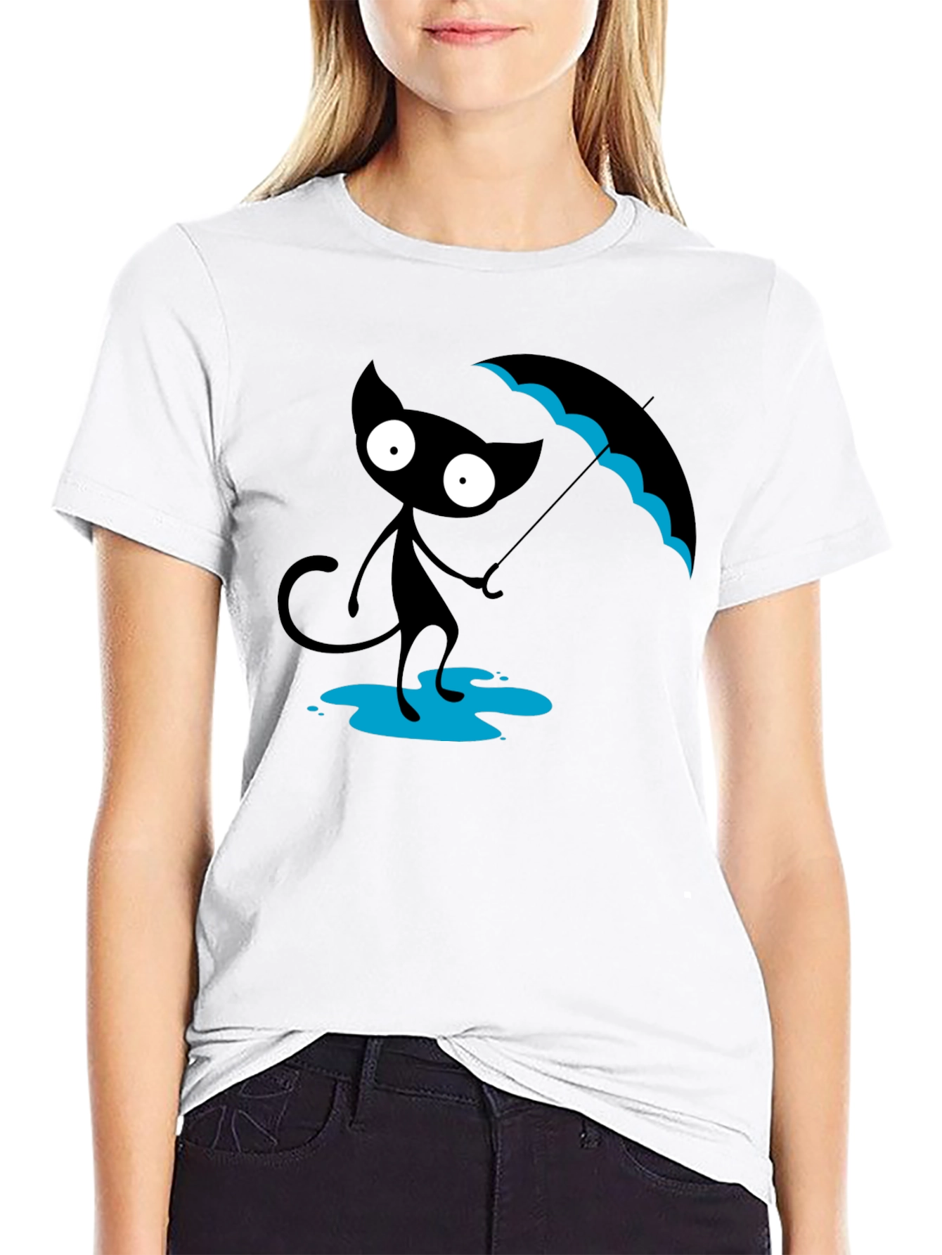 Black Black Cat with Umbrella T-Shirt view 9