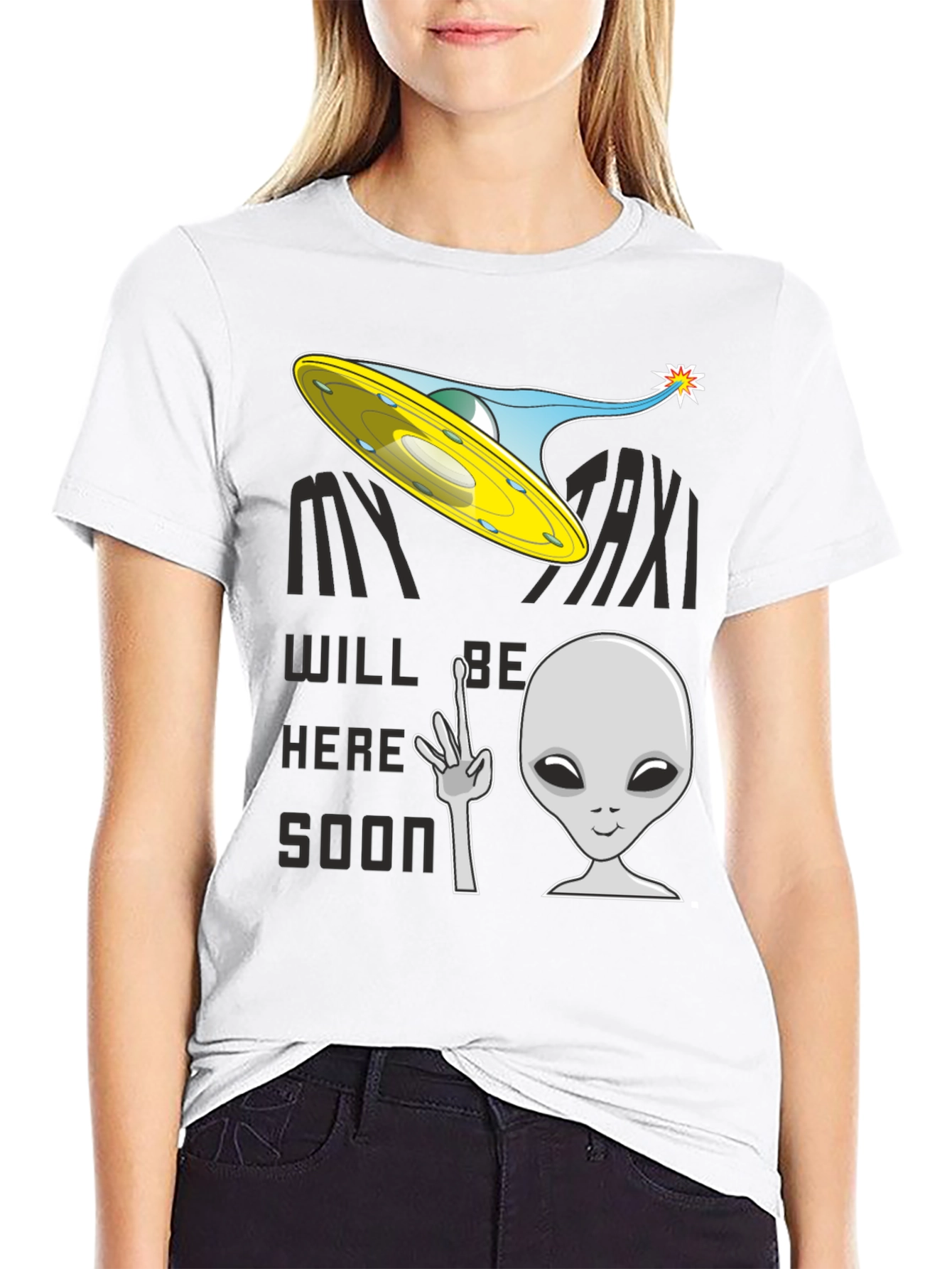 Black Alien Taxi Graphic T-Shirt - My Taxi Will Be Here Soon view 9