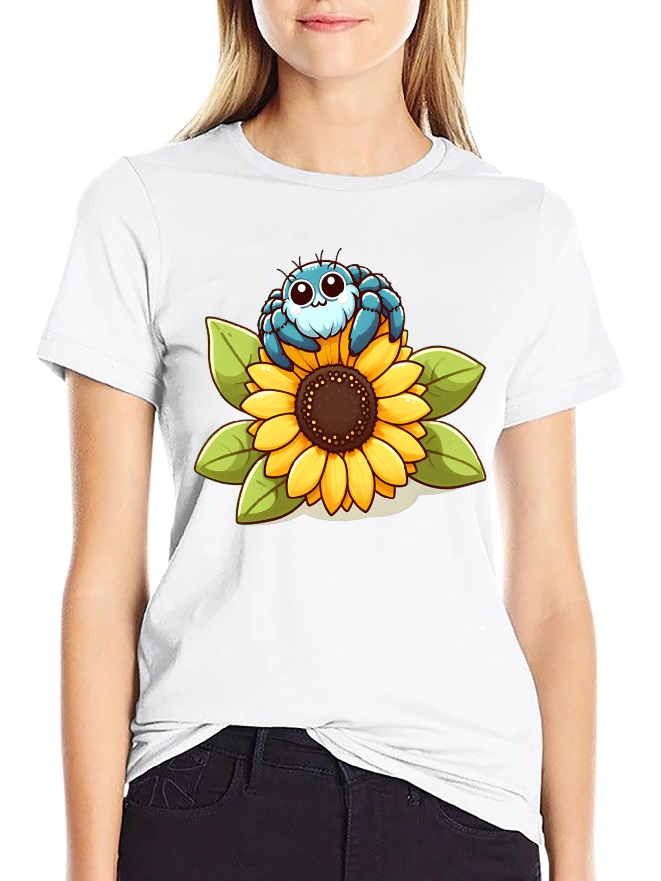 Black Cute Spider on Sunflower Graphic T-Shirt view 9