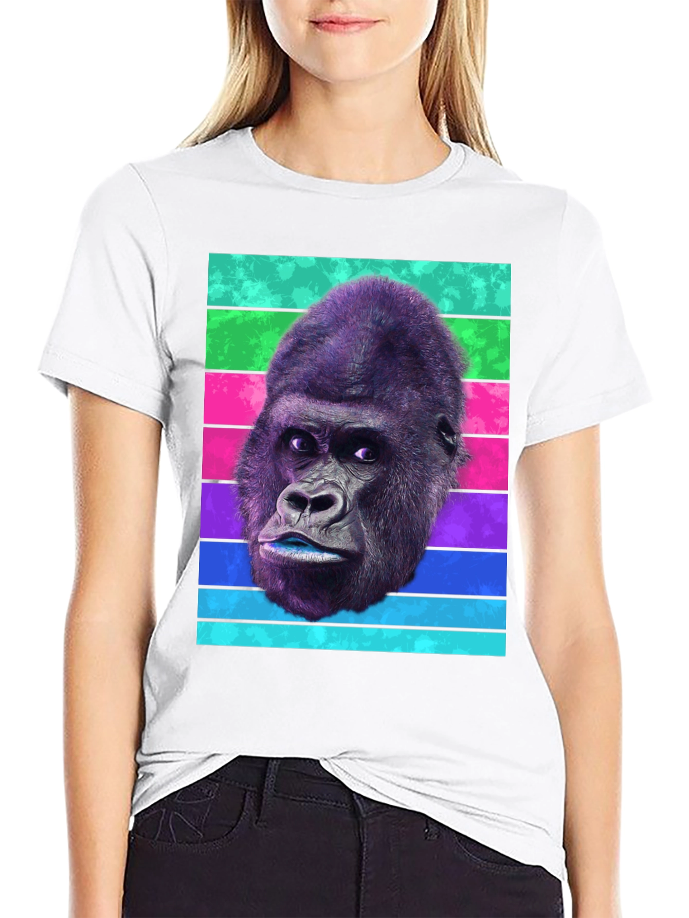 Black Gorilla Head T-Shirt - Retro Stripes, Unique Design view 9