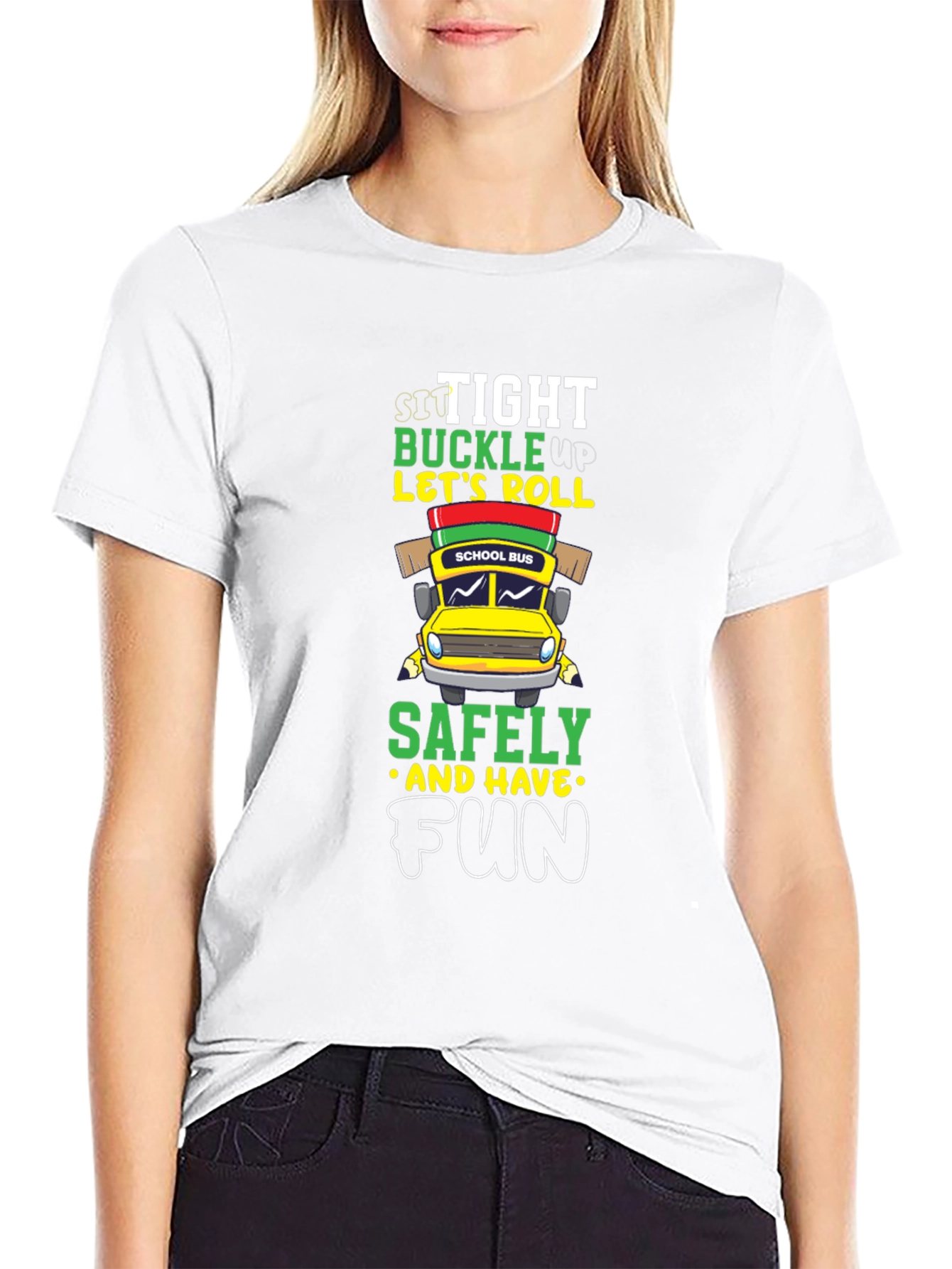 Black Sit Tight Buckle Up Let's Roll School Bus Graphic Tee view 9