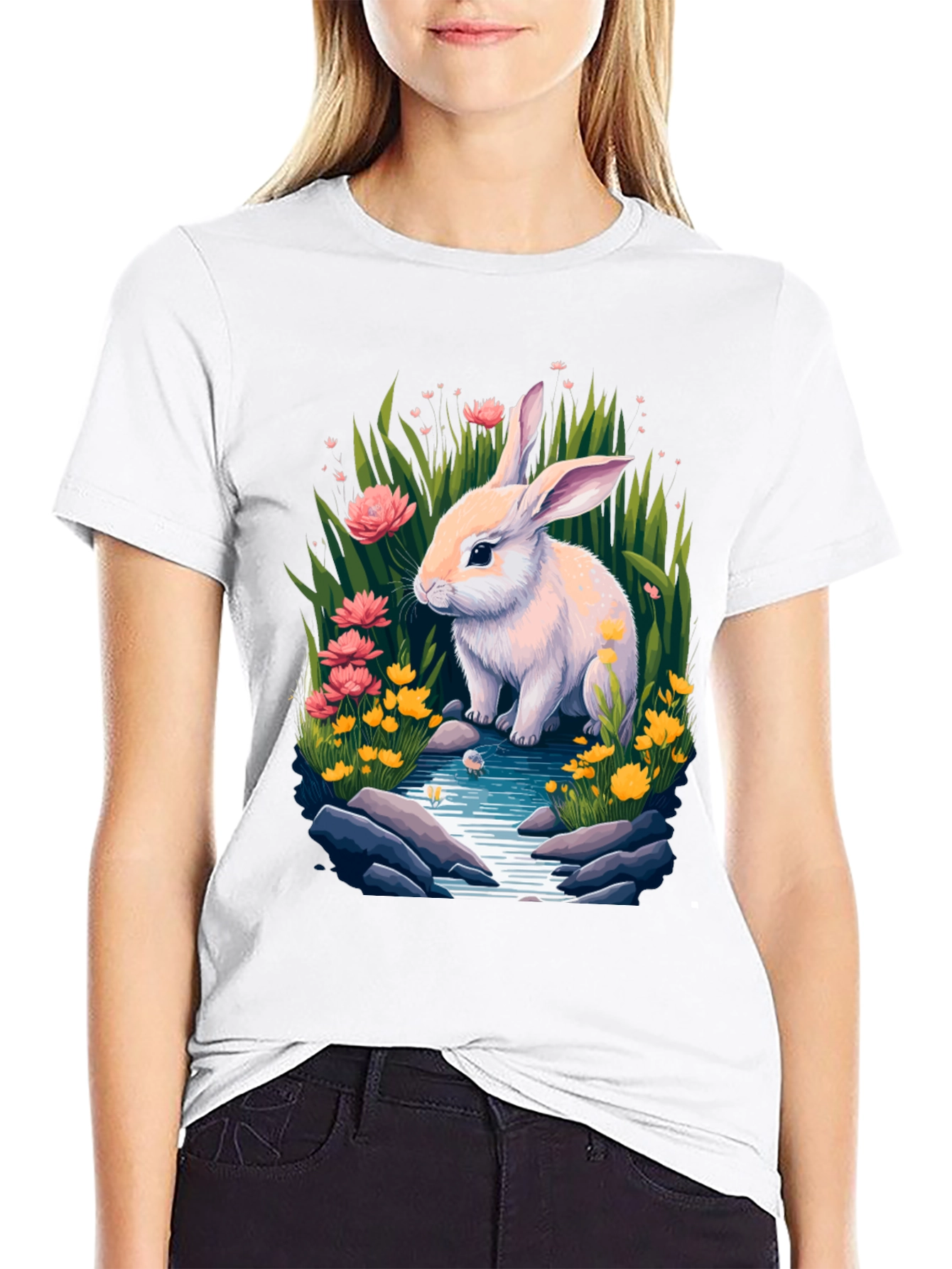 Black Bunny in Bloom Tee - Whimsical Rabbit Design view 9