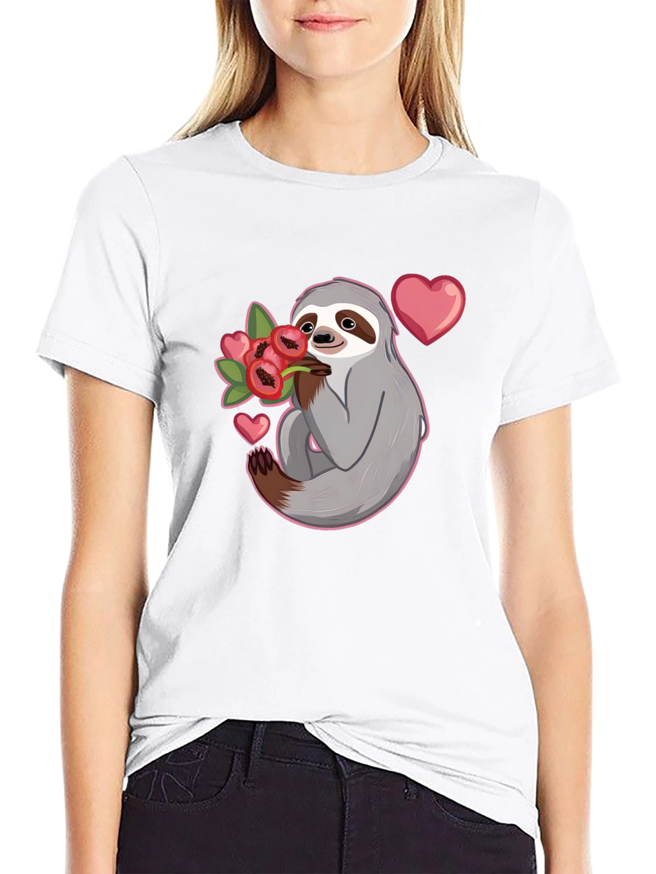 Black Sloth Holding Flowers T-Shirt - Cute Valentine's Day Gift view 9