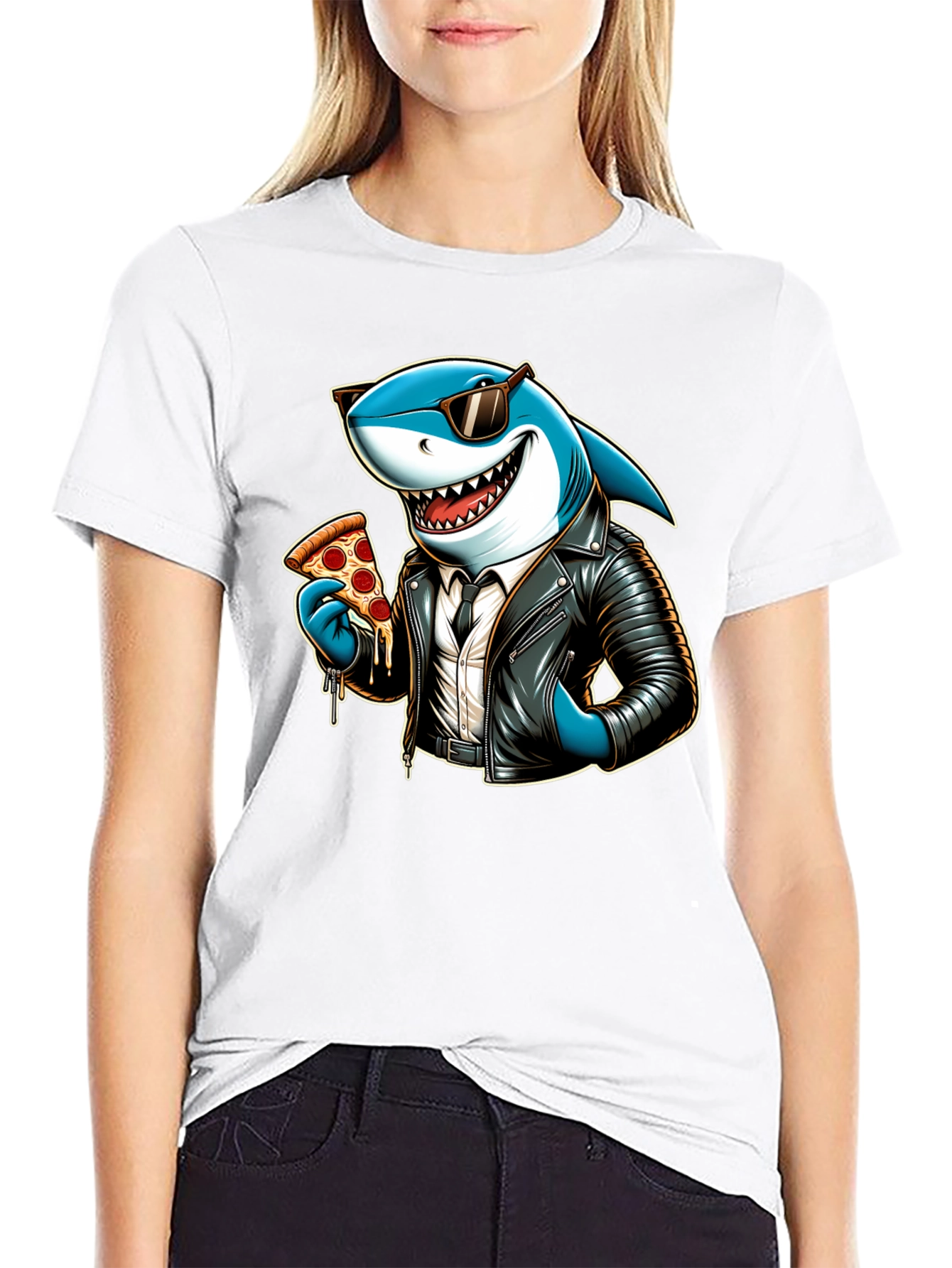 Black Cool Shark Pizza Graphic Tee view 9
