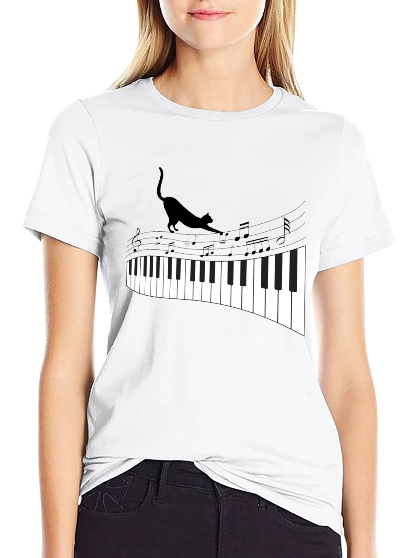 Black Cat Walking on Piano Keys Unisex T-Shirt view 9