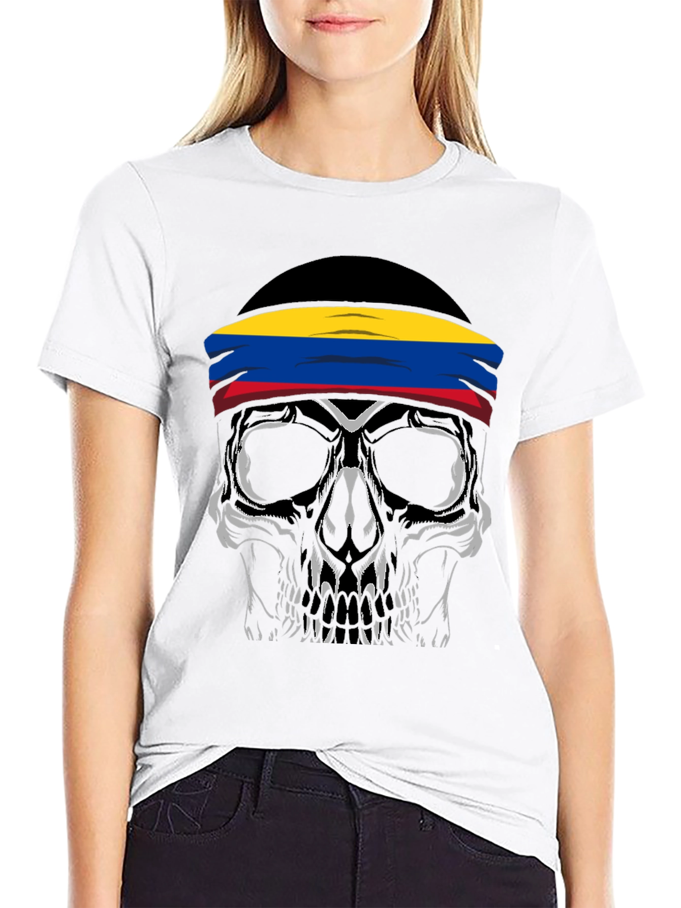 Black Skull T-Shirt with Colombia Flag Headband view 9